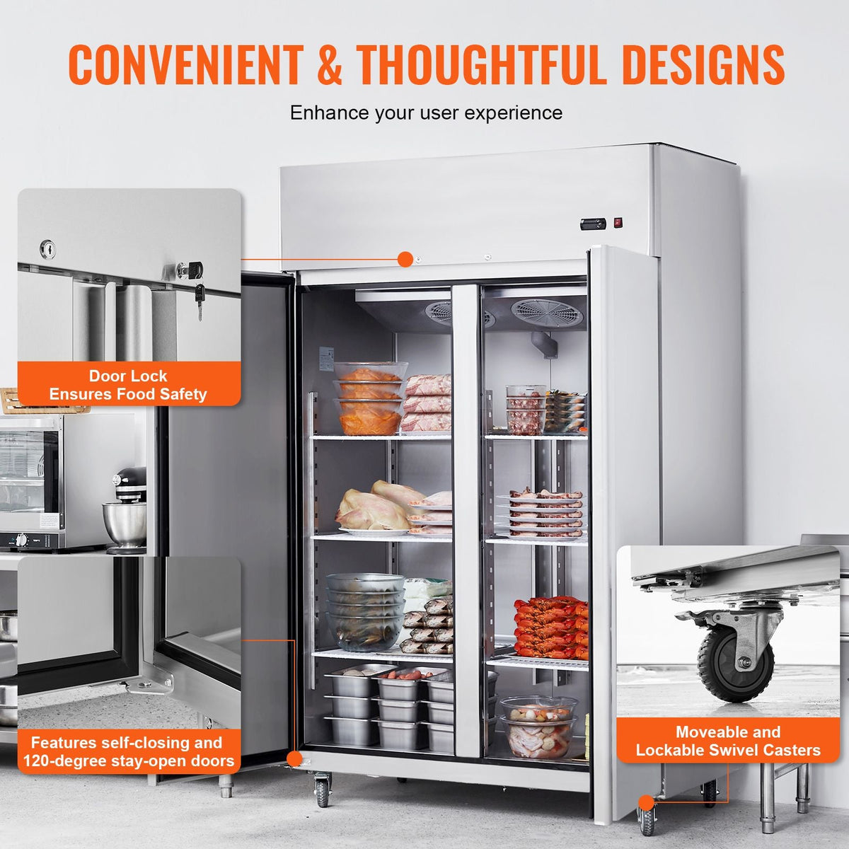 Commercial Freezer 44.21 Cu.ft, Reach In 54.4" W Upright Freezer 2 Doors, Auto-Defrost Stainless Steel Reach-in Freezer with 8 Adjustable Shelves, -13 to 5 F Temp Control, LED Lighting, 4 Wheels