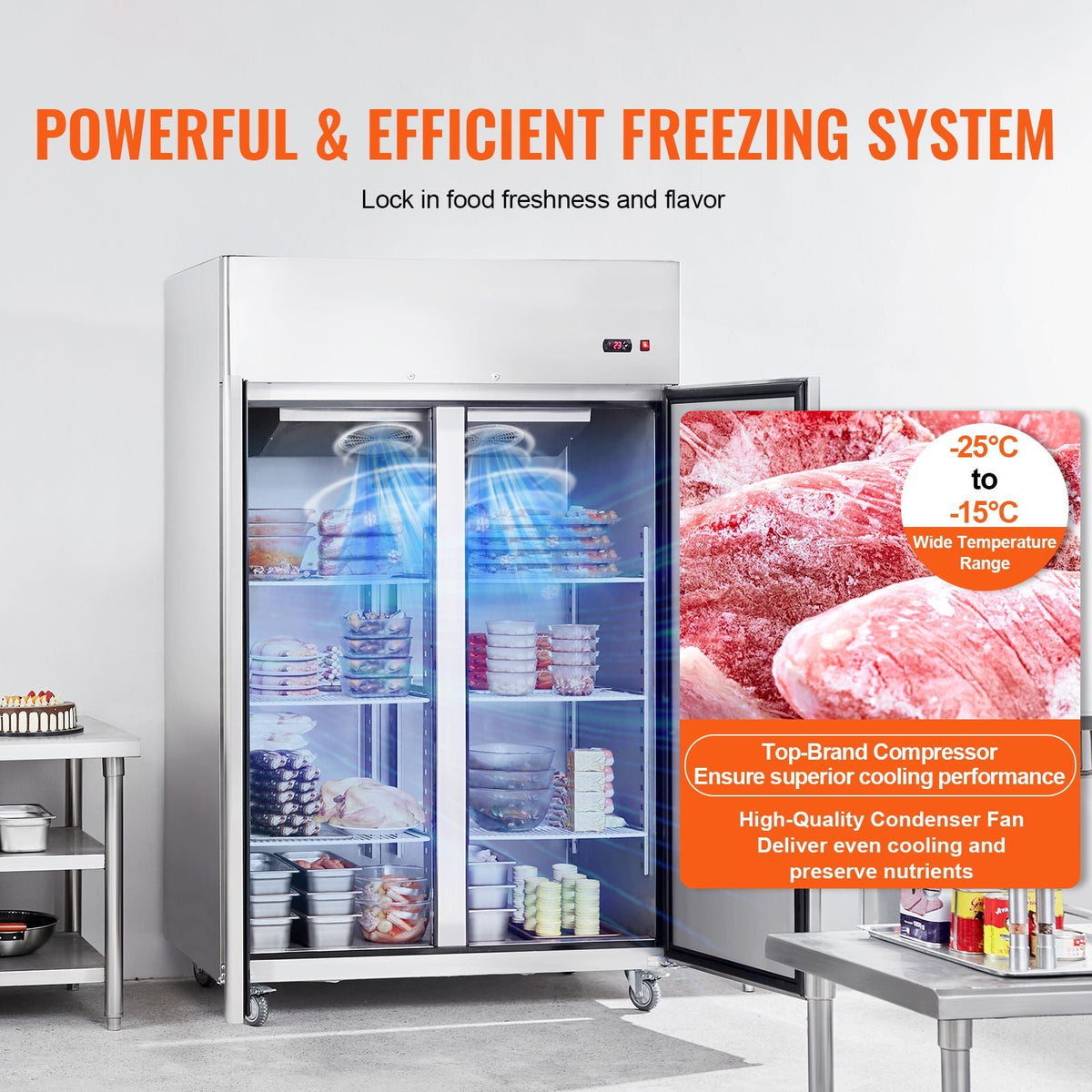 Commercial Freezer 44.21 Cu.ft, Reach In 54.4" W Upright Freezer 2 Doors, Auto-Defrost Stainless Steel Reach-in Freezer with 8 Adjustable Shelves, -13 to 5 F Temp Control, LED Lighting, 4 Wheels