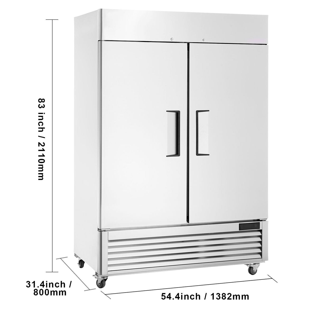 Commercial Freezer 44.21 Cu.ft, Reach In 54.4" W Upright Freezer 2 Doors, Auto-Defrost Stainless Steel Reach-in Freezer with 8 Adjustable Shelves, -13 to 5 F Temp Control, LED Lighting, 4 Wheels