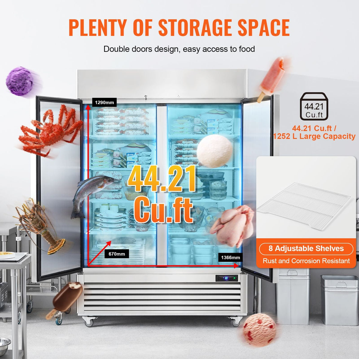 Commercial Freezer 44.21 Cu.ft, Reach In 54.4" W Upright Freezer 2 Doors, Auto-Defrost Stainless Steel Reach-in Freezer with 8 Adjustable Shelves, -13 to 5 F Temp Control, LED Lighting, 4 Wheels