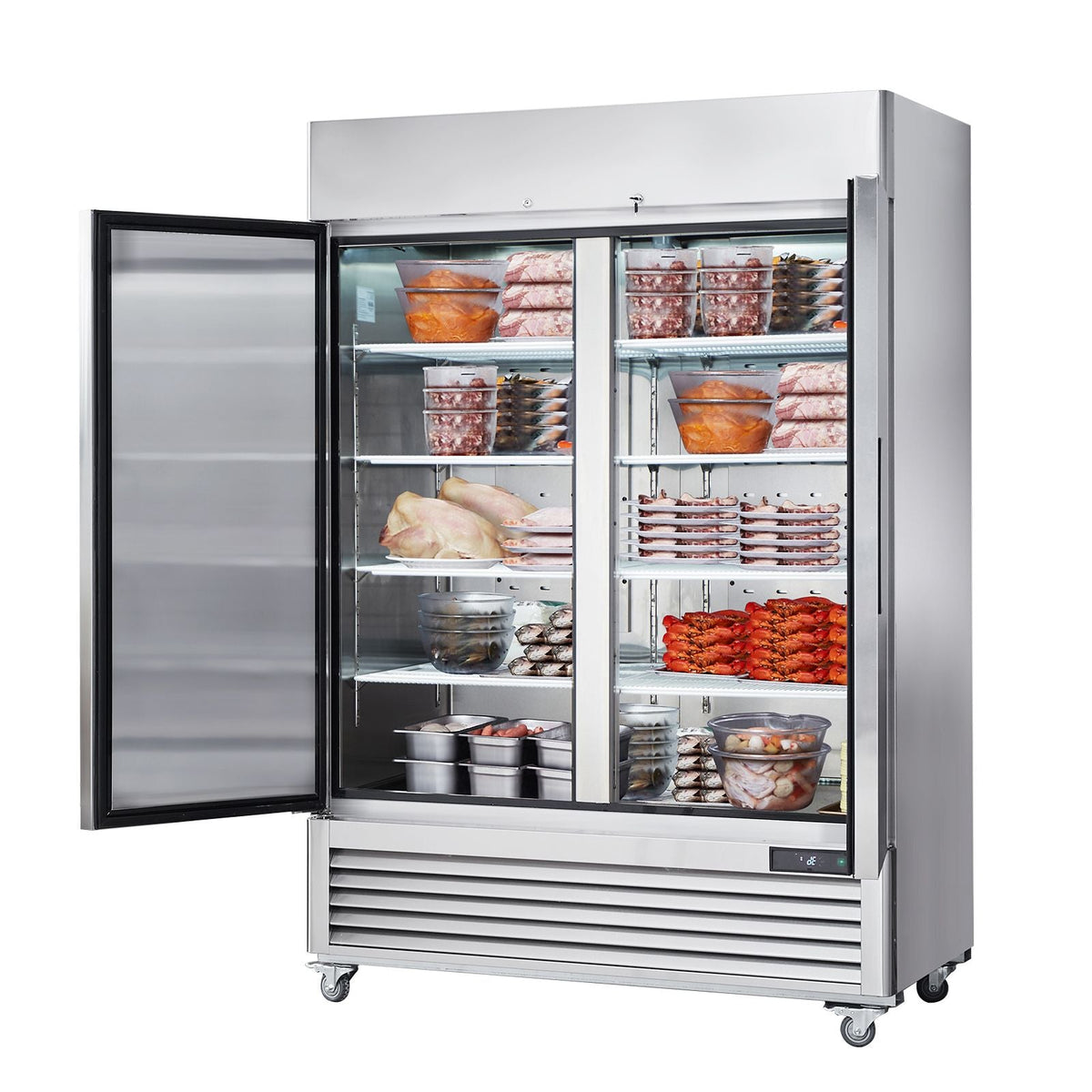 Commercial Freezer 44.21 Cu.ft, Reach In 54.4" W Upright Freezer 2 Doors, Auto-Defrost Stainless Steel Reach-in Freezer with 8 Adjustable Shelves, -13 to 5 F Temp Control, LED Lighting, 4 Wheels