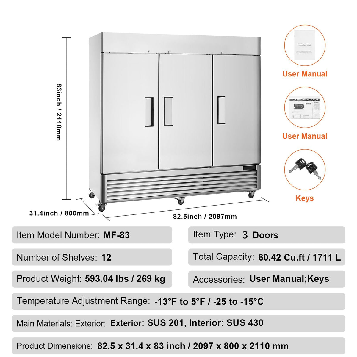 Commercial Freezer 60.42 Cu.ft, Reach In 82.5" W Upright Freezer 3 Doors, Auto-Defrost Stainless Steel Reach-in Freezer with 12 Adjustable Shelves, -13 to 5 F Temp Range, LED Lighting, 4 Wheels