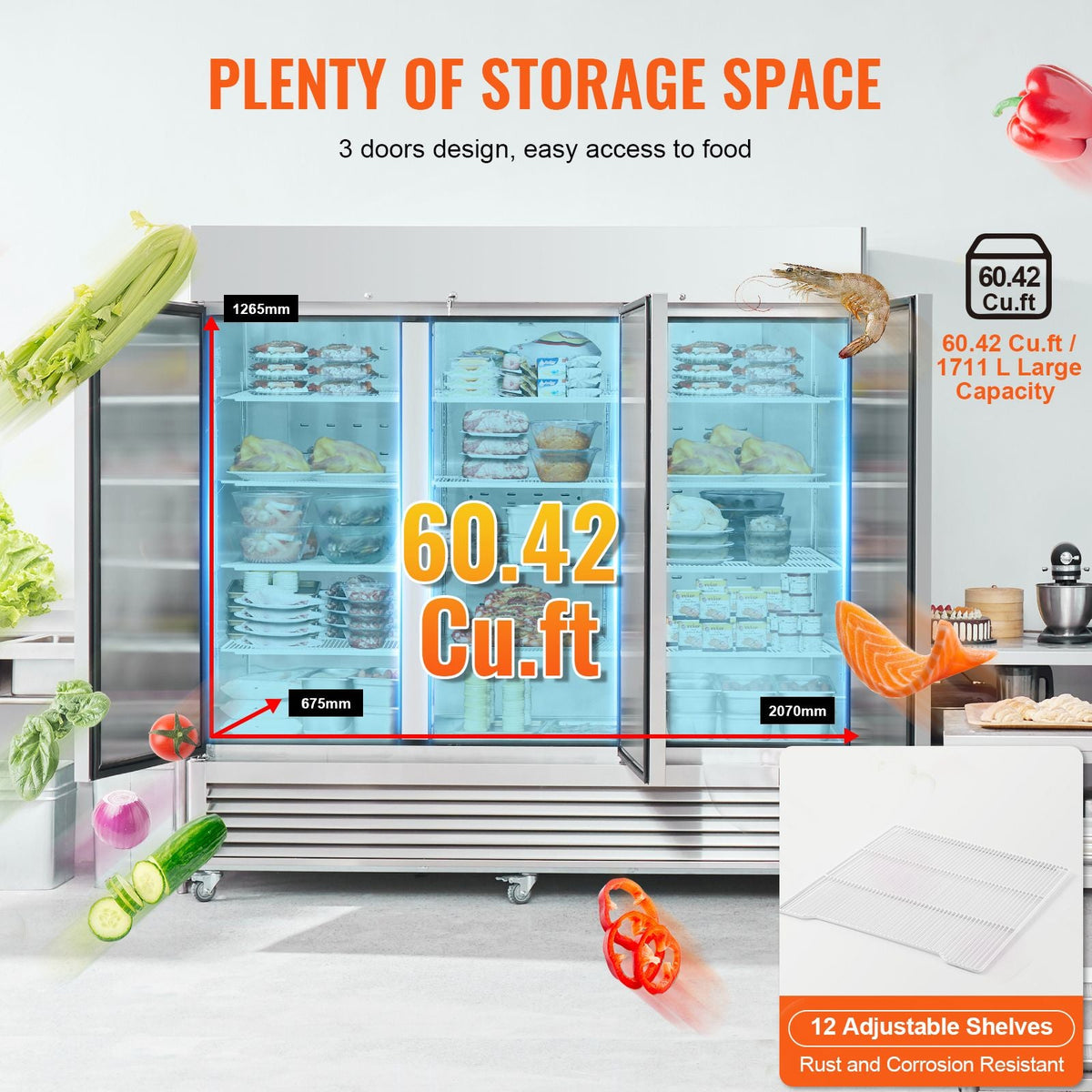 Commercial Freezer 60.42 Cu.ft, Reach In 82.5" W Upright Freezer 3 Doors, Auto-Defrost Stainless Steel Reach-in Freezer with 12 Adjustable Shelves, -13 to 5 F Temp Range, LED Lighting, 4 Wheels