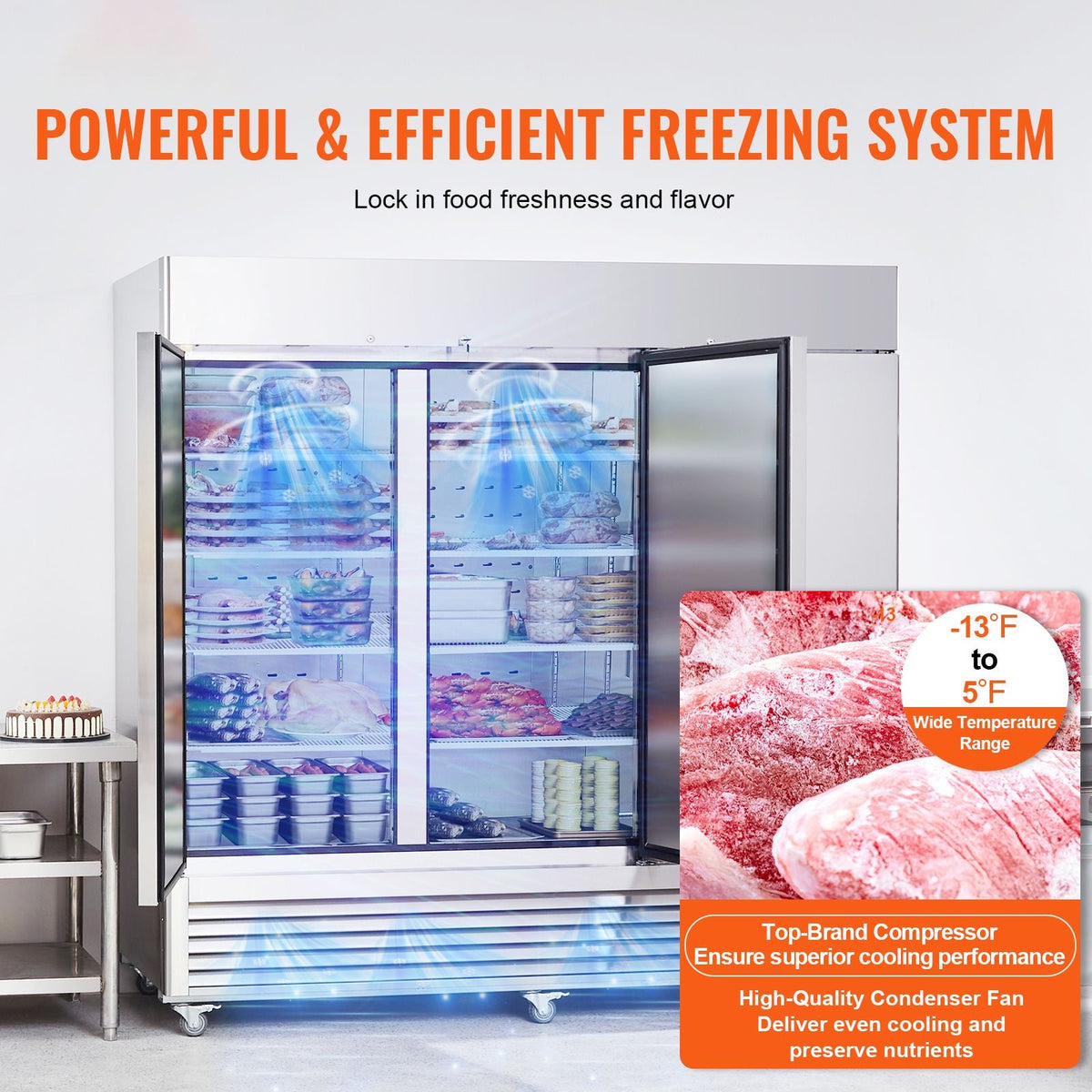 Commercial Freezer 60.42 Cu.ft, Reach In 82.5" W Upright Freezer 3 Doors, Auto-Defrost Stainless Steel Reach-in Freezer with 12 Adjustable Shelves, -13 to 5 F Temp Range, LED Lighting, 4 Wheels
