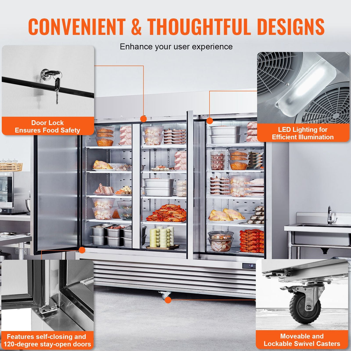 Commercial Freezer 60.42 Cu.ft, Reach In 82.5" W Upright Freezer 3 Doors, Auto-Defrost Stainless Steel Reach-in Freezer with 12 Adjustable Shelves, -13 to 5 F Temp Range, LED Lighting, 4 Wheels