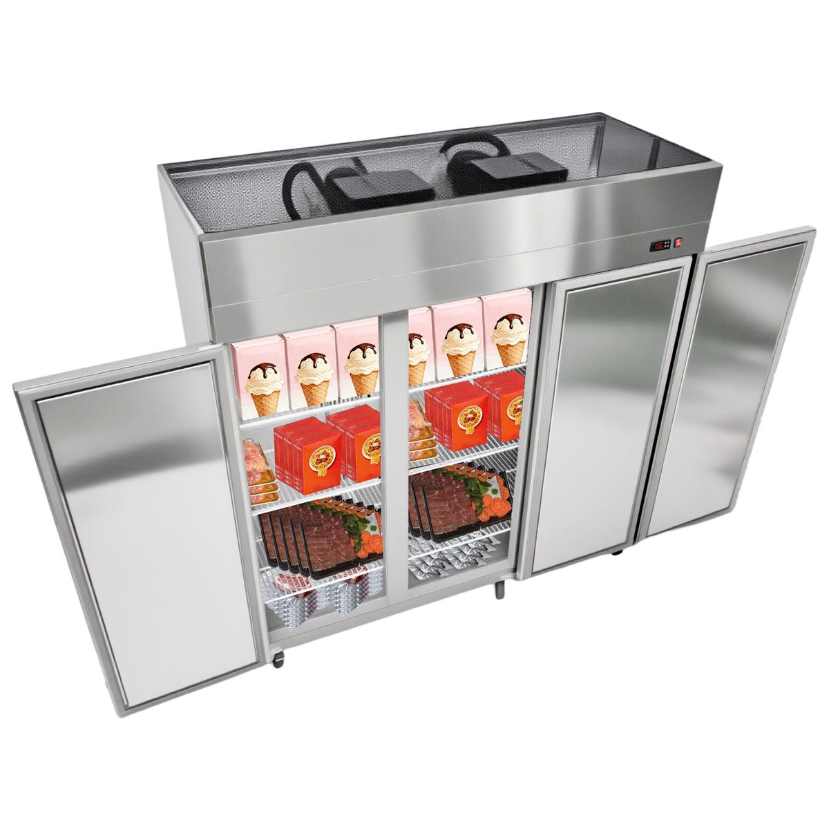 Commercial Freezer, 71.65 in Width Reach In Upright-Freezer Three Door, 50.2 Cu.ft Auto-Defrost Freezer with 12 Adjustable Shelves, -11 to 14 Fahrenheit Temp Control, LED Light, 4 Wheels