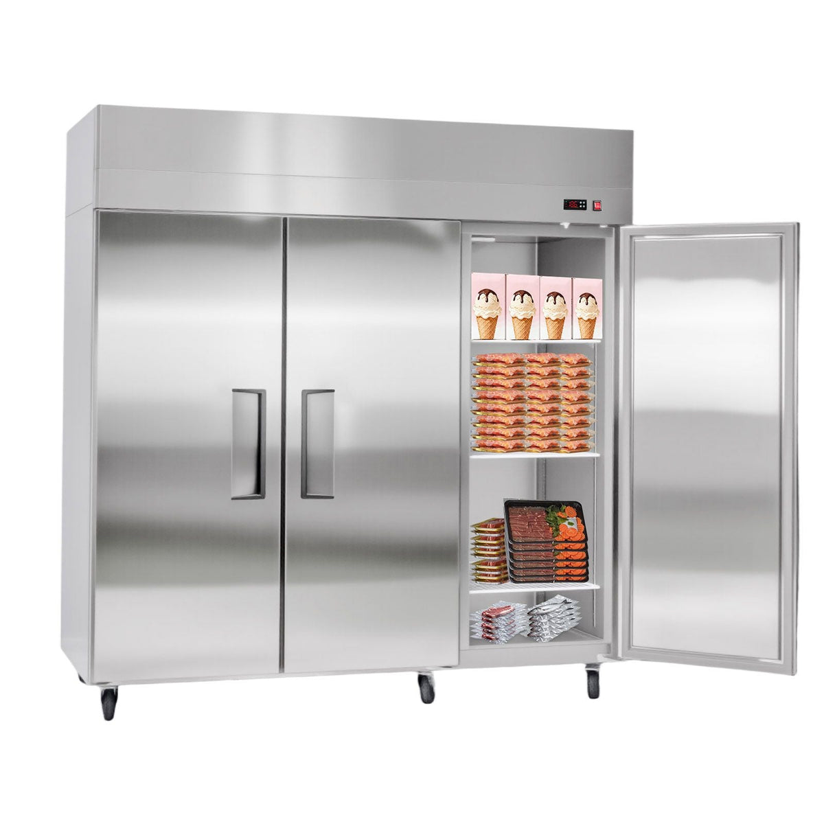 Commercial Freezer, 71.65 in Width Reach In Upright-Freezer Three Door, 50.2 Cu.ft Auto-Defrost Freezer with 12 Adjustable Shelves, -11 to 14 Fahrenheit Temp Control, LED Light, 4 Wheels