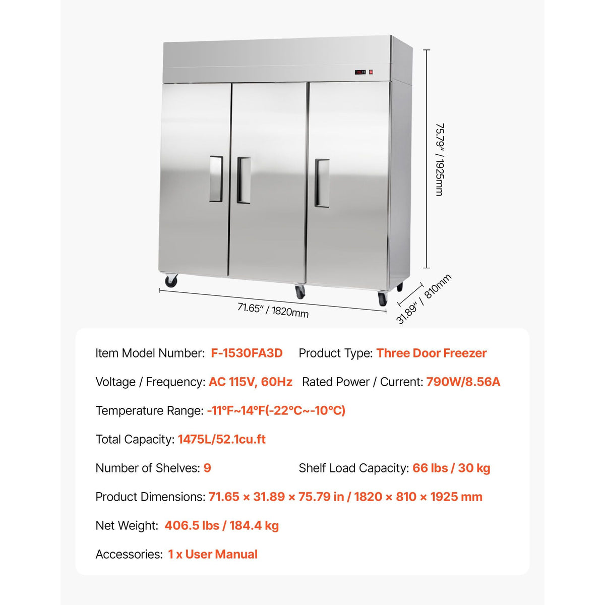 Commercial Freezer, 71.65 in Width Reach In Upright-Freezer Three Door, 50.2 Cu.ft Auto-Defrost Freezer with 12 Adjustable Shelves, -11 to 14 Fahrenheit Temp Control, LED Light, 4 Wheels