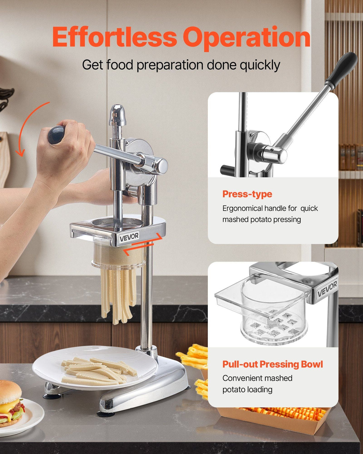 Commercial French Fry Cutter, Stainless Steel Fried Potato Strips Squeezer, Long French Fries Maker with Pull-out Extruder, Manual Mashed Potato Squeezer Machine for Restaurants & Home Kitchen