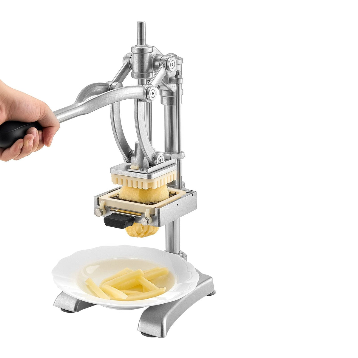 Commercial French Fry Cutter, Stainless Steel Vegetable Fruit Chopper with 3 Replacement Blades 1/2-Inch 3/8-Inch 1/4-Inch, and a Juicing Blade, Manual Potato Slicer Dicer for Restaurants & Home