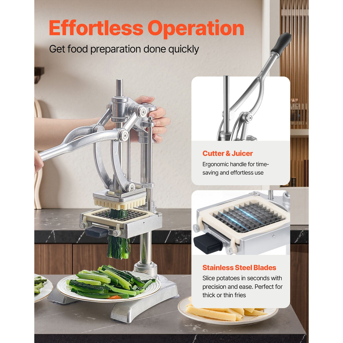 Commercial French Fry Cutter, Stainless Steel Vegetable Fruit Chopper with 3 Replacement Blades 1/2-Inch 3/8-Inch 1/4-Inch, and a Juicing Blade, Manual Potato Slicer Dicer for Restaurants & Home