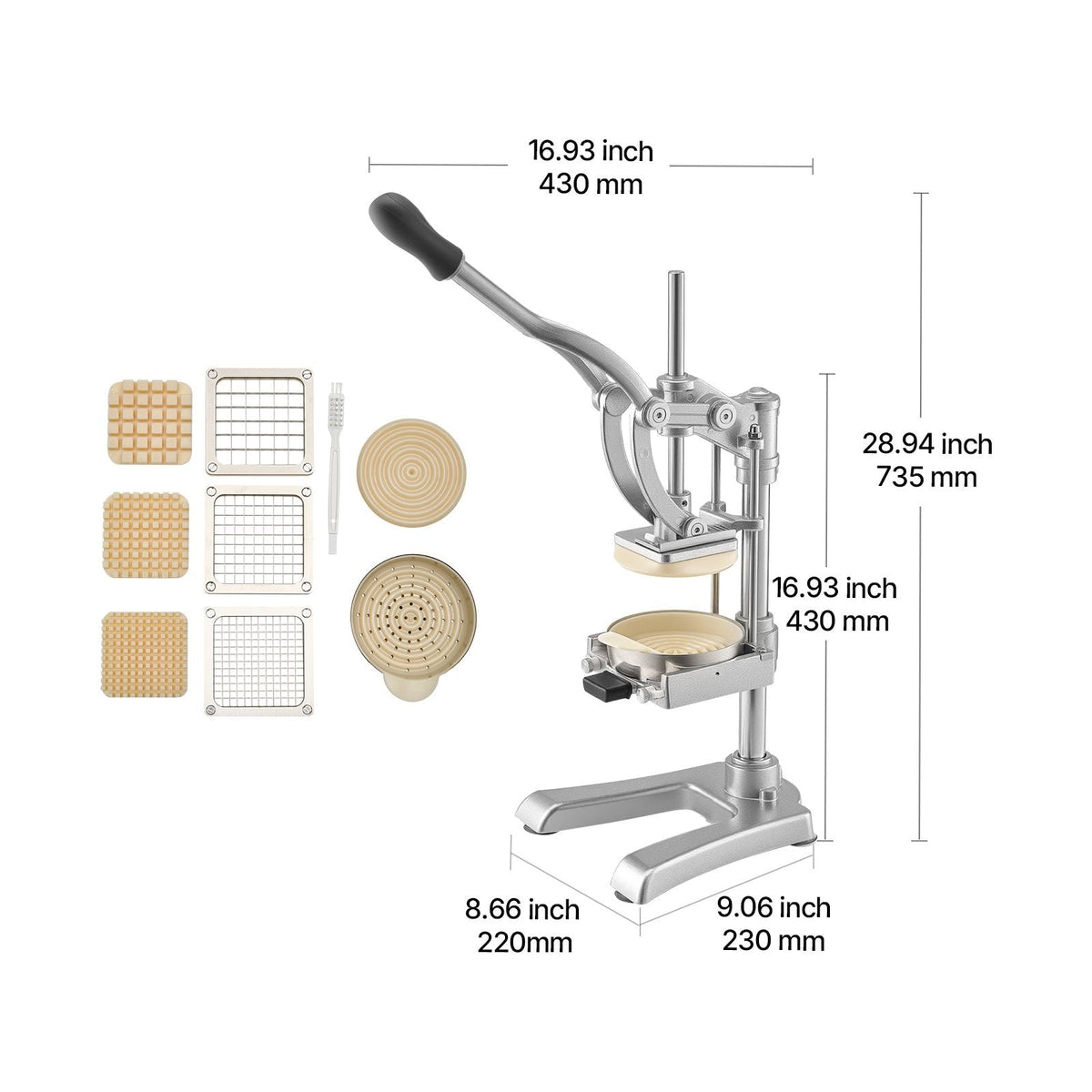 Commercial French Fry Cutter, Stainless Steel Vegetable Fruit Chopper with 3 Replacement Blades 1/2-Inch 3/8-Inch 1/4-Inch, and a Juicing Blade, Manual Potato Slicer Dicer for Restaurants & Home