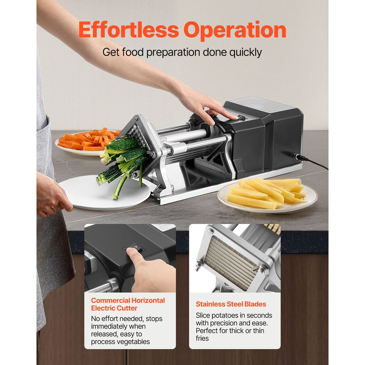 Commercial French Fry Cutter, Stainless Steel Vegetable Fruit Chopper with 3 Replacement Blades 1/2-Inch 3/8-Inch 1/4-Inch, Electric Potato Slicer Dicer for Restaurants & Home Kitchen