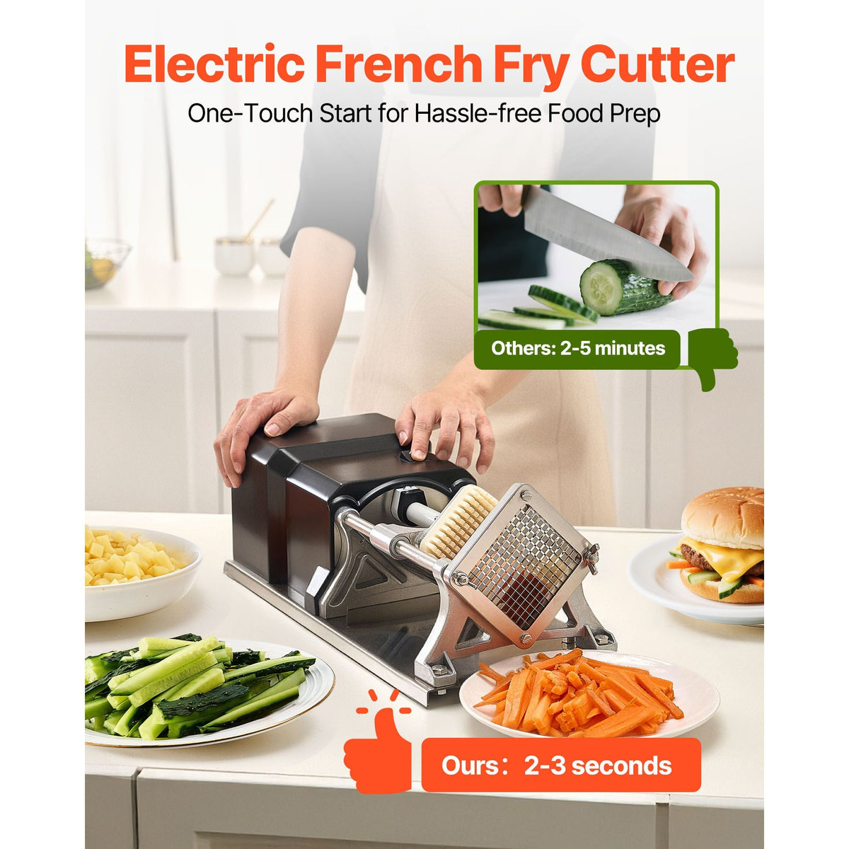 Commercial French Fry Cutter, Stainless Steel Vegetable Fruit Chopper with 3 Replacement Blades 1/2-Inch 3/8-Inch 1/4-Inch, Electric Potato Slicer Dicer for Restaurants & Home Kitchen