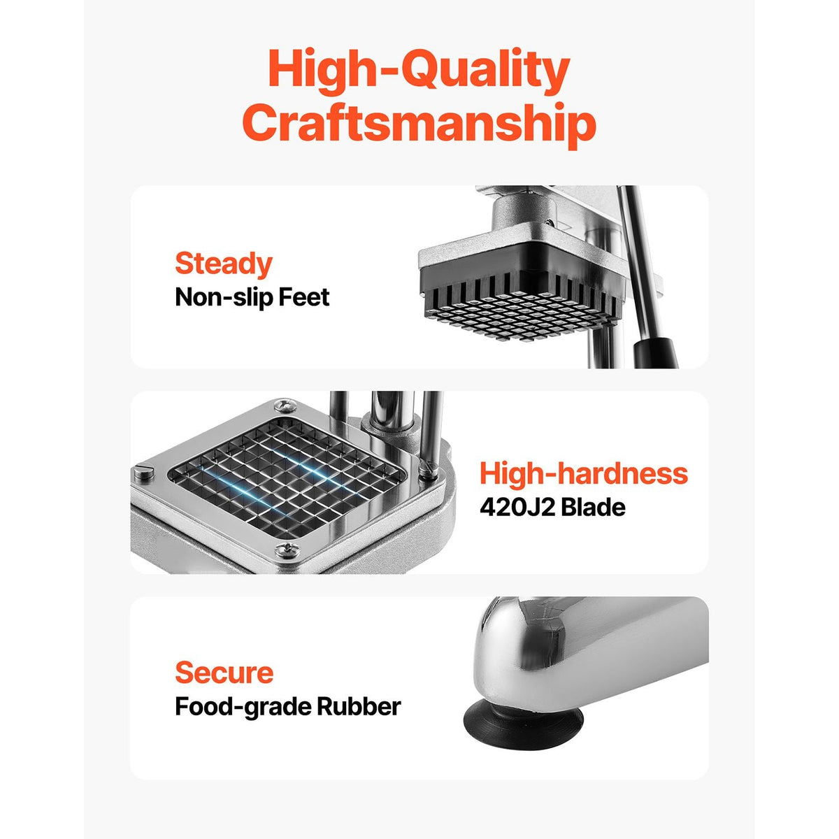 Commercial French Fry Cutter, Stainless Steel Vegetable Fruit Chopper with 3 Replacement Blades 1/2-Inch 3/8-Inch 1/4-Inch, Manual Potato Slicer Dicer for Restaurants & Home Kitchen