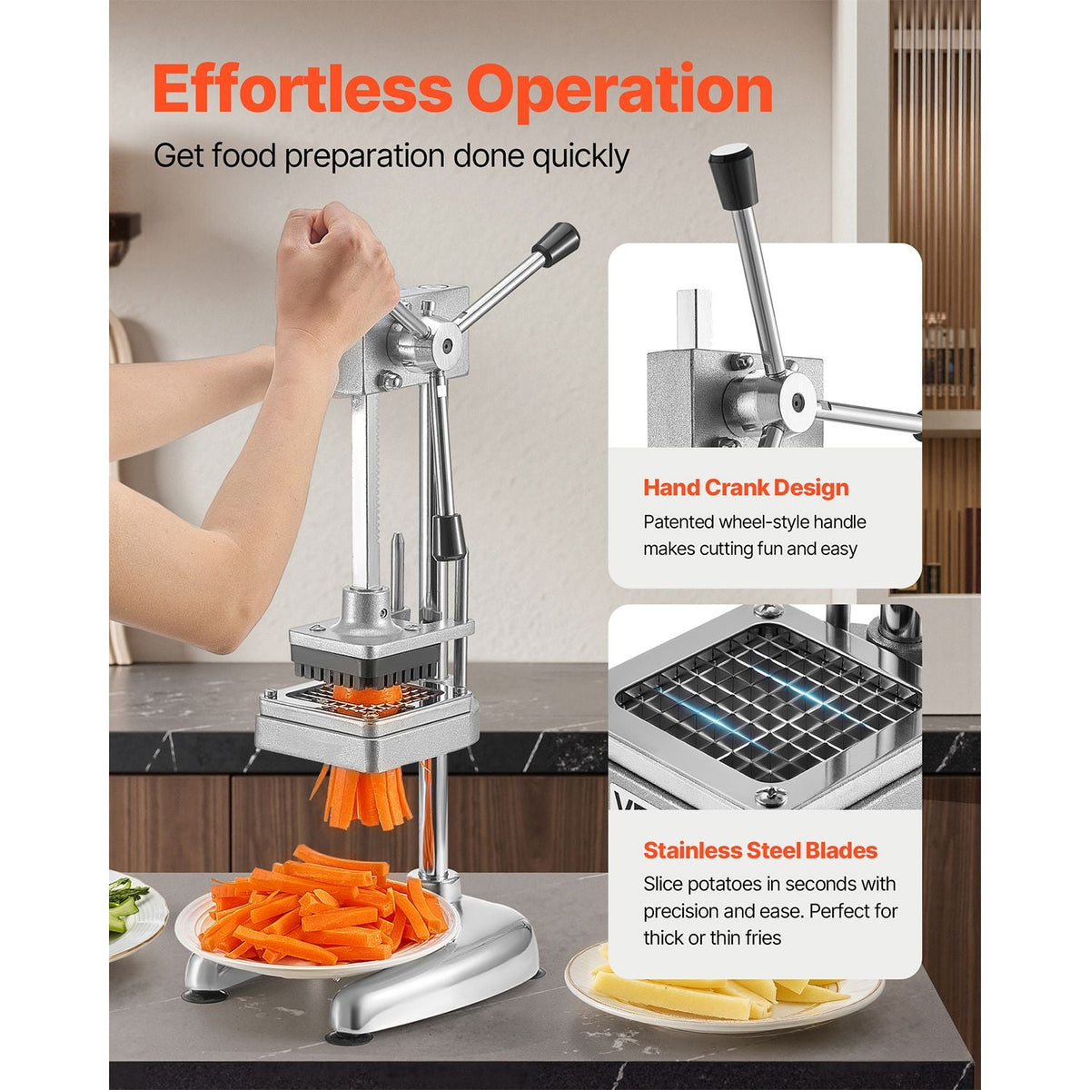 Commercial French Fry Cutter, Stainless Steel Vegetable Fruit Chopper with 3 Replacement Blades 1/2-Inch 3/8-Inch 1/4-Inch, Manual Potato Slicer Dicer for Restaurants & Home Kitchen