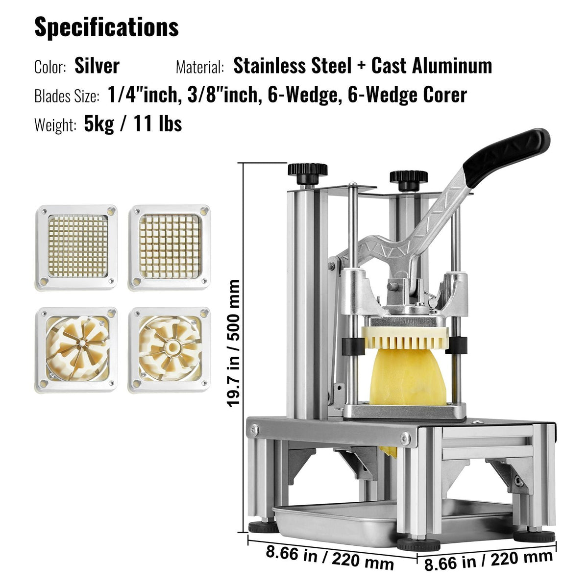 Commercial French Fry Cutter with 4 Replacement Blades, 1/4″ & 3/8″ Blade Easy Dicer Chopper, 6-wedge Slicer & 6-wedge Apple Corer, Lemon Potato Cutter for French Fries with Tray and Handle