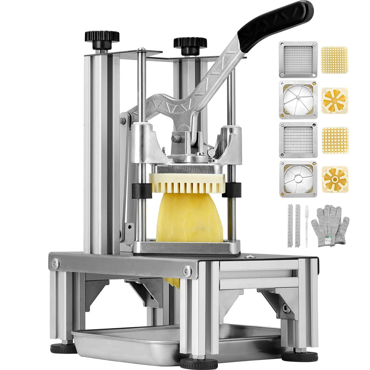 Commercial French Fry Cutter with 4 Replacement Blades, 1/4″ & 3/8″ Blade Easy Dicer Chopper, 6-wedge Slicer & 6-wedge Apple Corer, Lemon Potato Cutter for French Fries with Tray and Handle