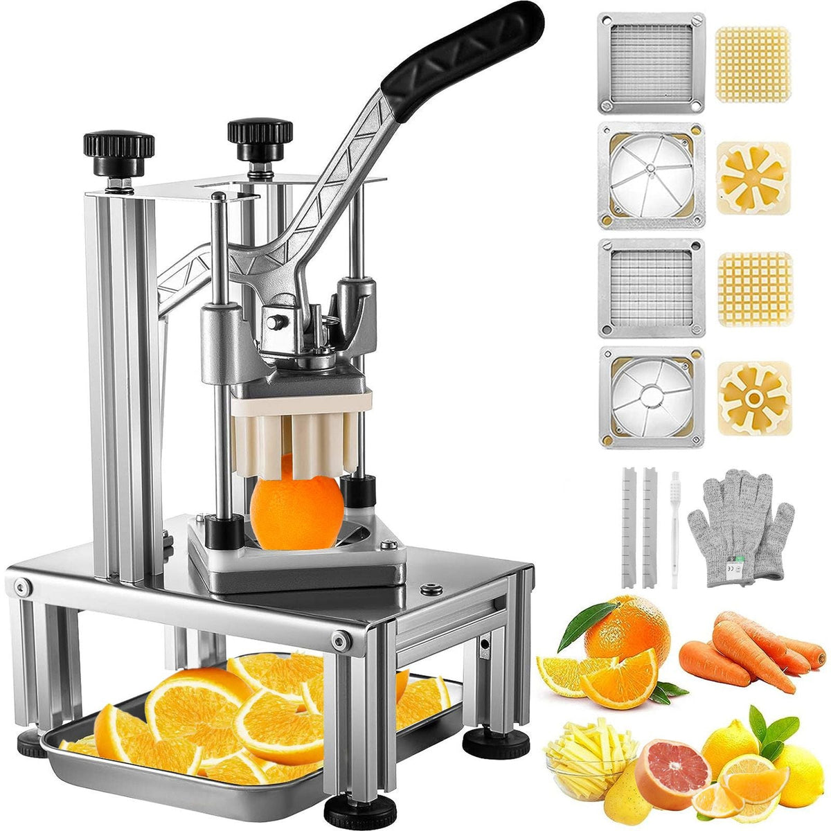 Commercial French Fry Cutter with 4 Replacement Blades, 1/4″ & 3/8″ Blade Easy Dicer Chopper, 6-wedge Slicer & 6-wedge Apple Corer, Lemon Potato Cutter for French Fries with Tray and Handle
