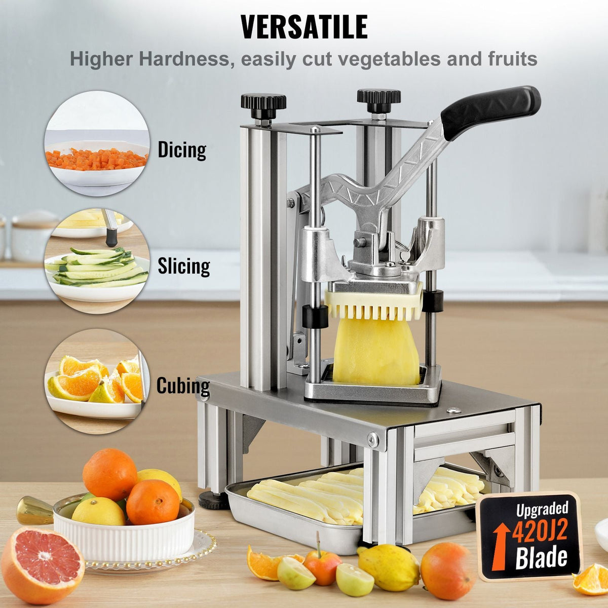 Commercial French Fry Cutter with 4 Replacement Blades, 1/4″ & 3/8″ Blade Easy Dicer Chopper, 6-wedge Slicer & 6-wedge Apple Corer, Lemon Potato Cutter for French Fries with Tray and Handle