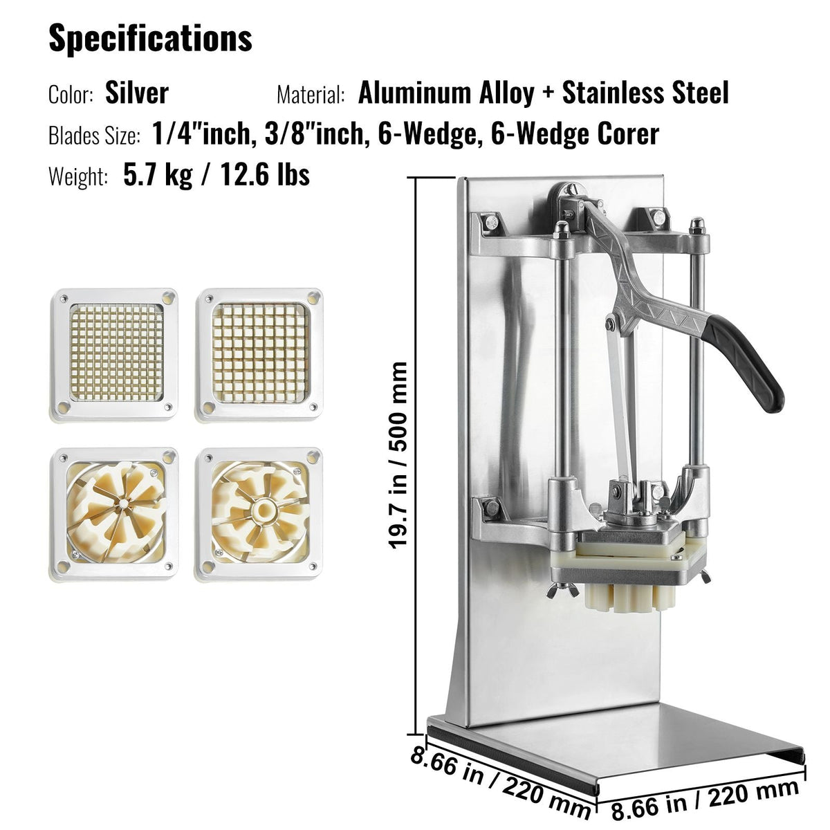 Commercial French Fry Cutter with 4 Replacement Blades, 1/4″ and 3/8″ Blade Easy Dicer Chopper, 6-wedge Slicer and 6-wedge Apple Corer, Lemon Potato Cutter for French Fries with Extended Handle