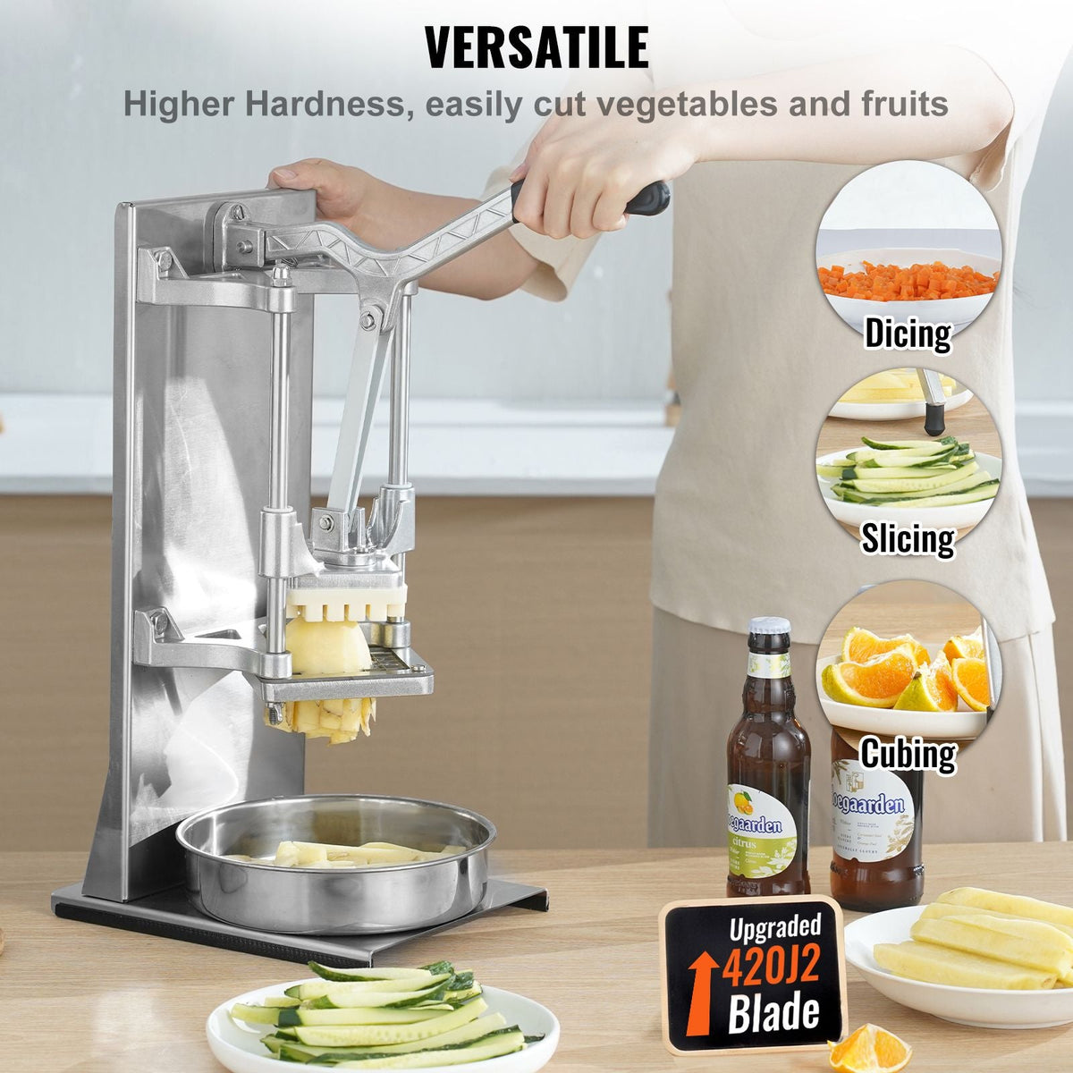Commercial French Fry Cutter with 4 Replacement Blades, 1/4″ and 3/8″ Blade Easy Dicer Chopper, 6-wedge Slicer and 6-wedge Apple Corer, Lemon Potato Cutter for French Fries with Extended Handle