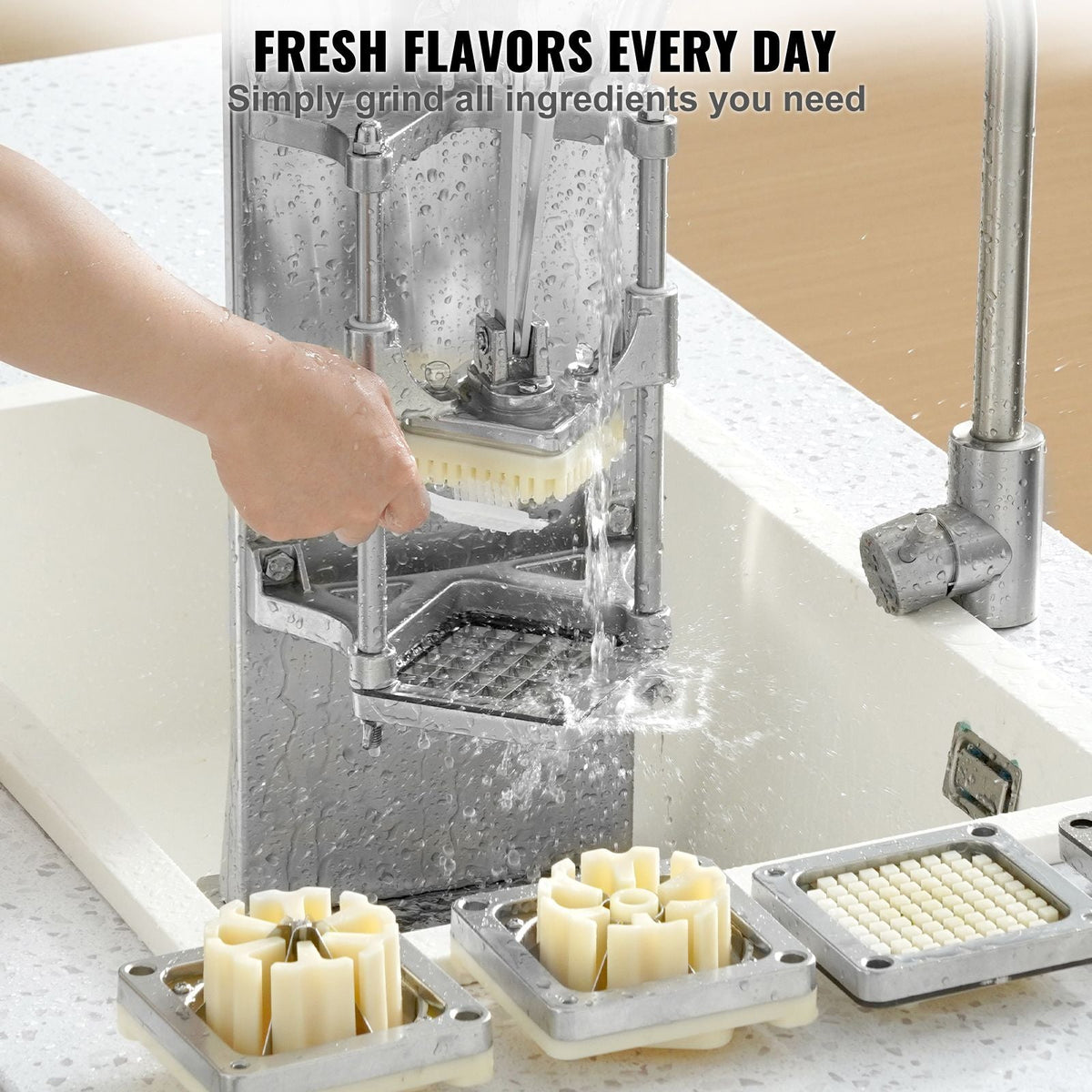 Commercial French Fry Cutter with 4 Replacement Blades, 1/4″ and 3/8″ Blade Easy Dicer Chopper, 6-wedge Slicer and 6-wedge Apple Corer, Lemon Potato Cutter for French Fries with Extended Handle