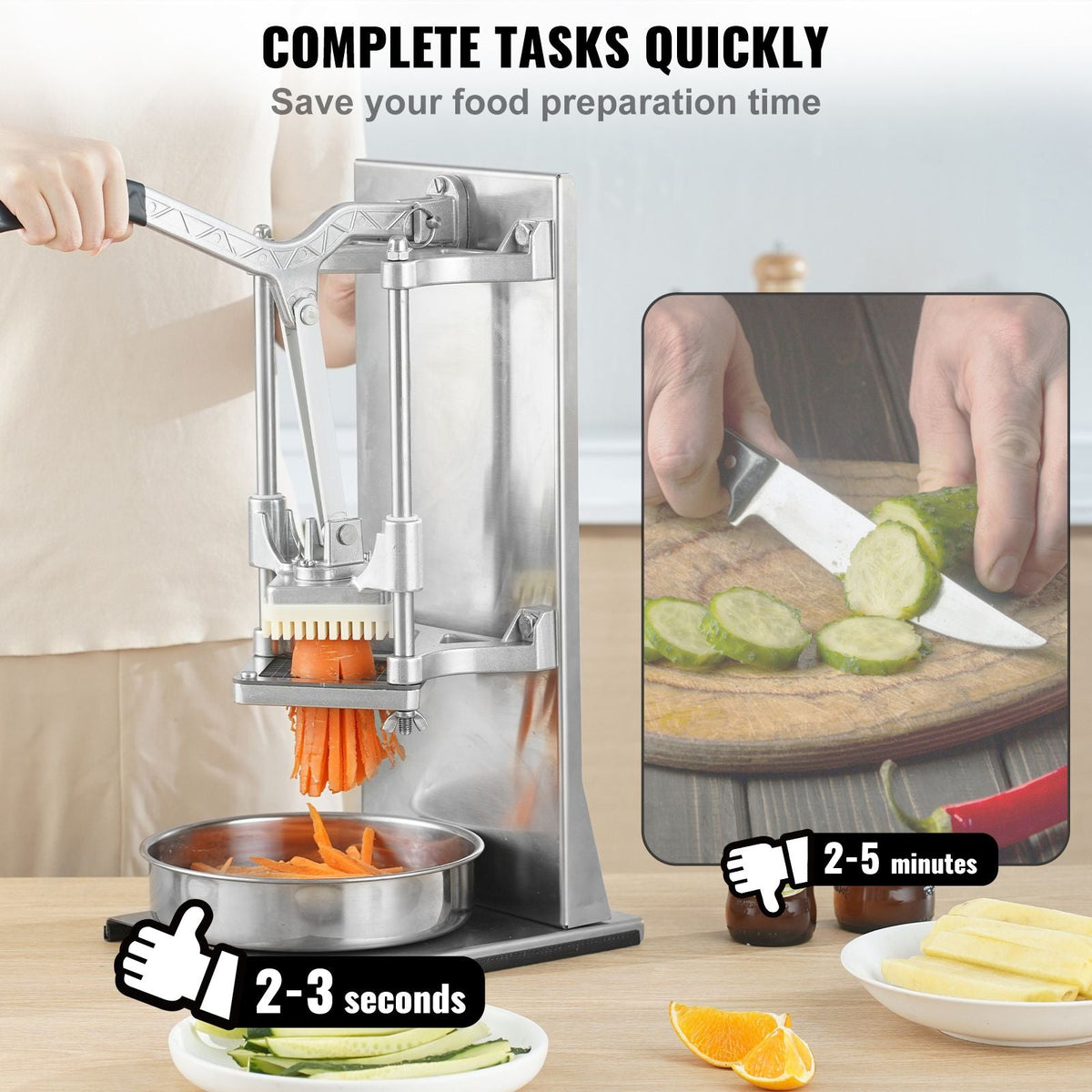 Commercial French Fry Cutter with 4 Replacement Blades, 1/4″ and 3/8″ Blade Easy Dicer Chopper, 6-wedge Slicer and 6-wedge Apple Corer, Lemon Potato Cutter for French Fries with Extended Handle