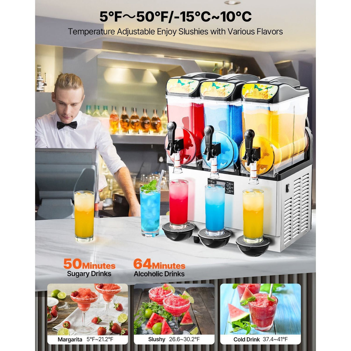 Commercial Frozen Drink Maker, 15Lx3 Triple Tank Slushy Machine, 180 Cups Stainless Steel Margarita Smoothie Frozen Drink Machine, Slushie Maker for Home Party Restaurants Cafe Bars