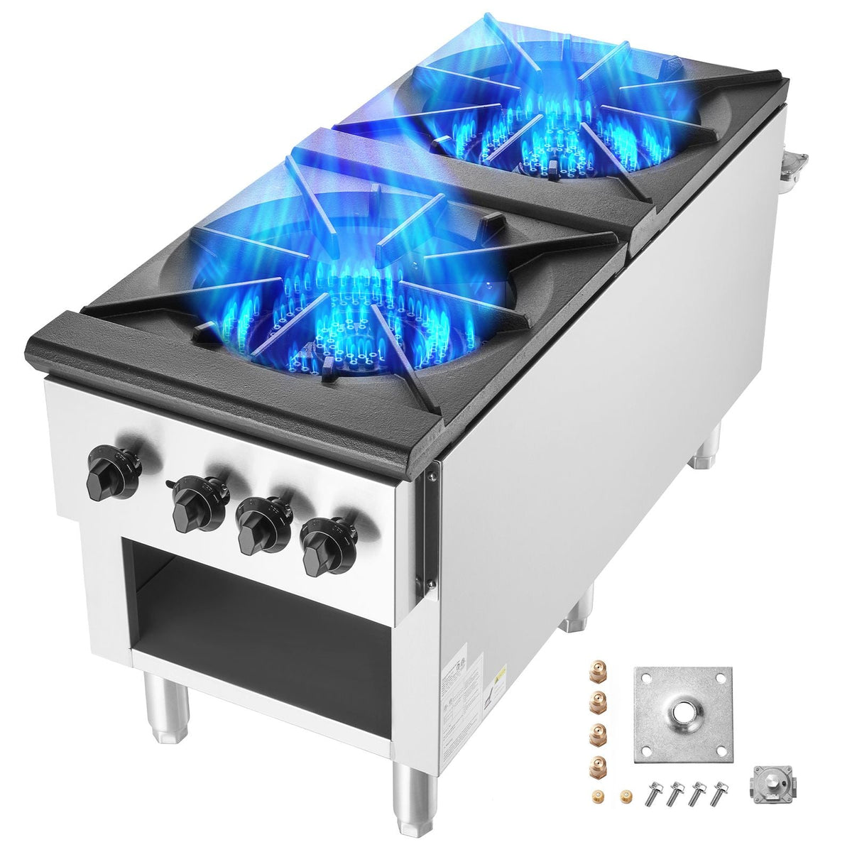 Commercial Gas Stove with 2 Burners, Propane and Natural Gas Countertop Cooking Stove Range, Stainless Steel Gas Hot Plate, Commercial Cooking Equipment for Restaurant, 180,000 BTU