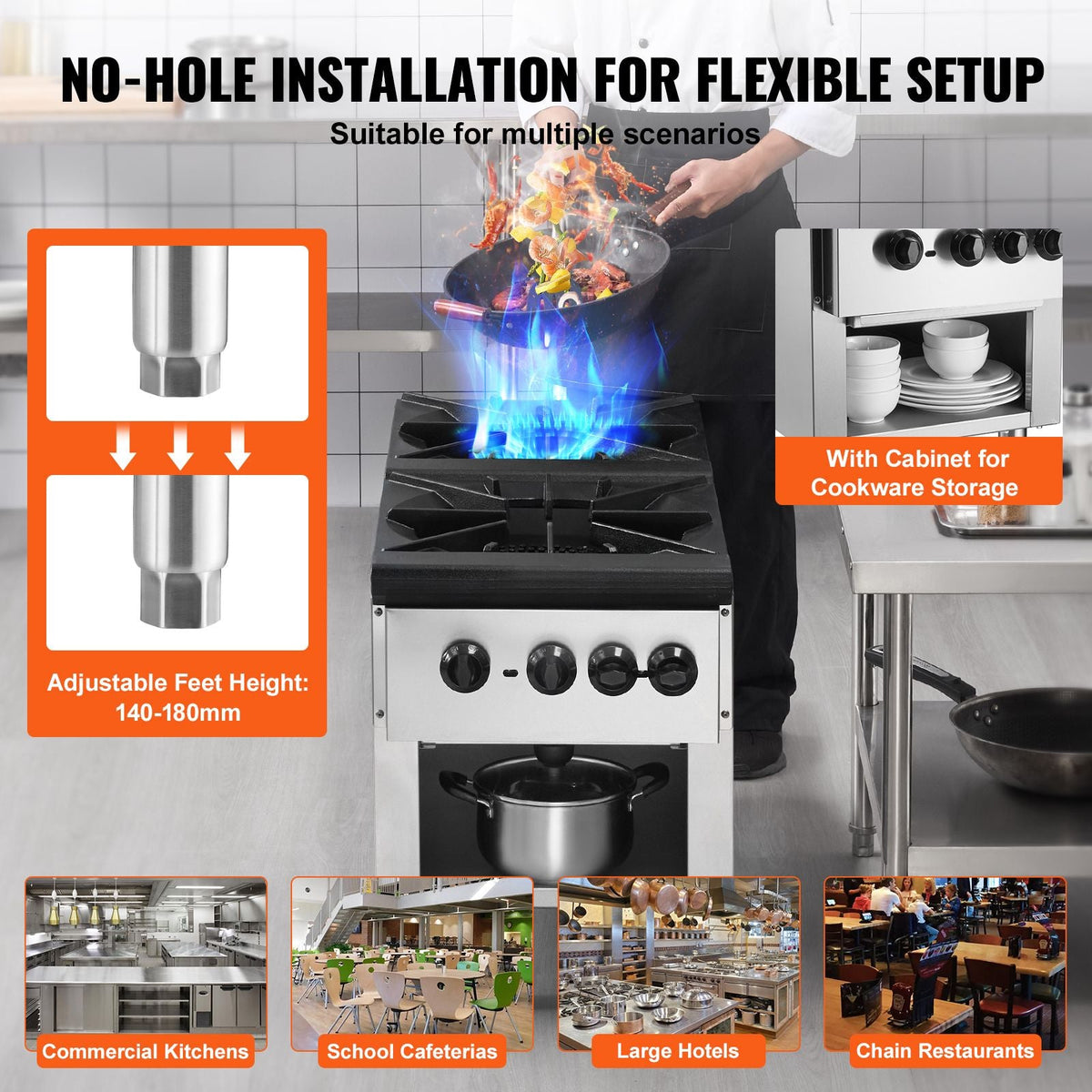 Commercial Gas Stove with 2 Burners, Propane and Natural Gas Countertop Cooking Stove Range, Stainless Steel Gas Hot Plate, Commercial Cooking Equipment for Restaurant, 180,000 BTU
