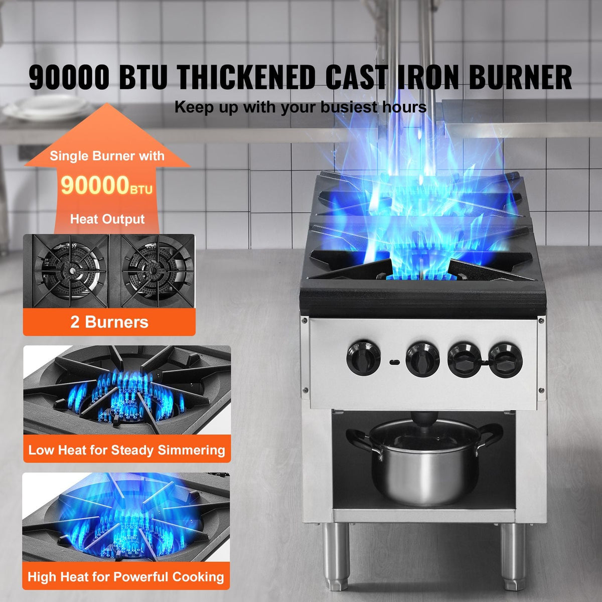Commercial Gas Stove with 2 Burners, Propane and Natural Gas Countertop Cooking Stove Range, Stainless Steel Gas Hot Plate, Commercial Cooking Equipment for Restaurant, 180,000 BTU