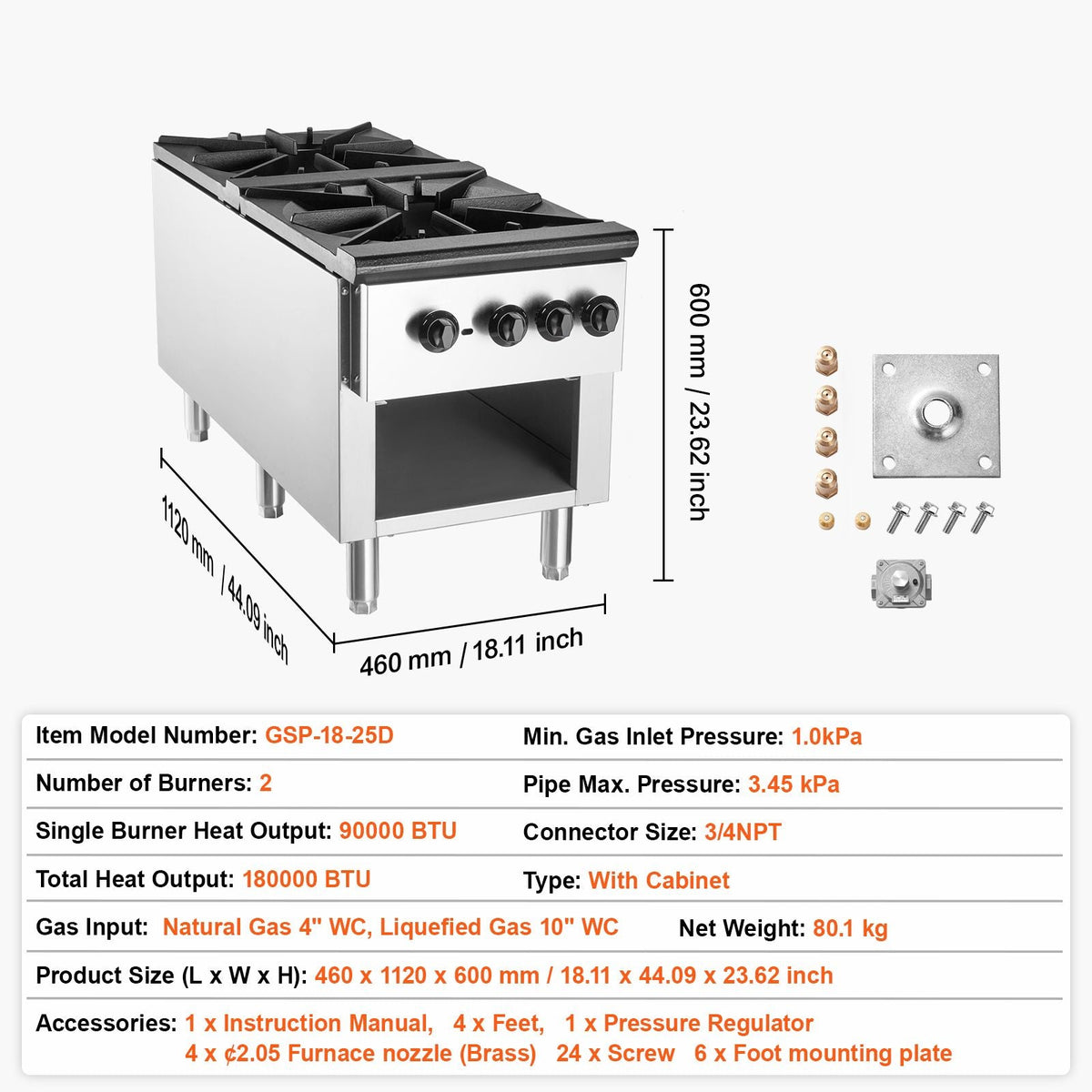 Commercial Gas Stove with 2 Burners, Propane and Natural Gas Countertop Cooking Stove Range, Stainless Steel Gas Hot Plate, Commercial Cooking Equipment for Restaurant, 180,000 BTU