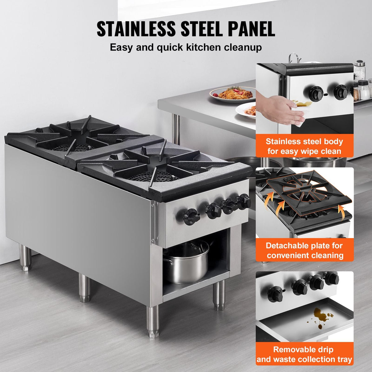 Commercial Gas Stove with 2 Burners, Propane and Natural Gas Countertop Cooking Stove Range, Stainless Steel Gas Hot Plate, Commercial Cooking Equipment for Restaurant, 180,000 BTU