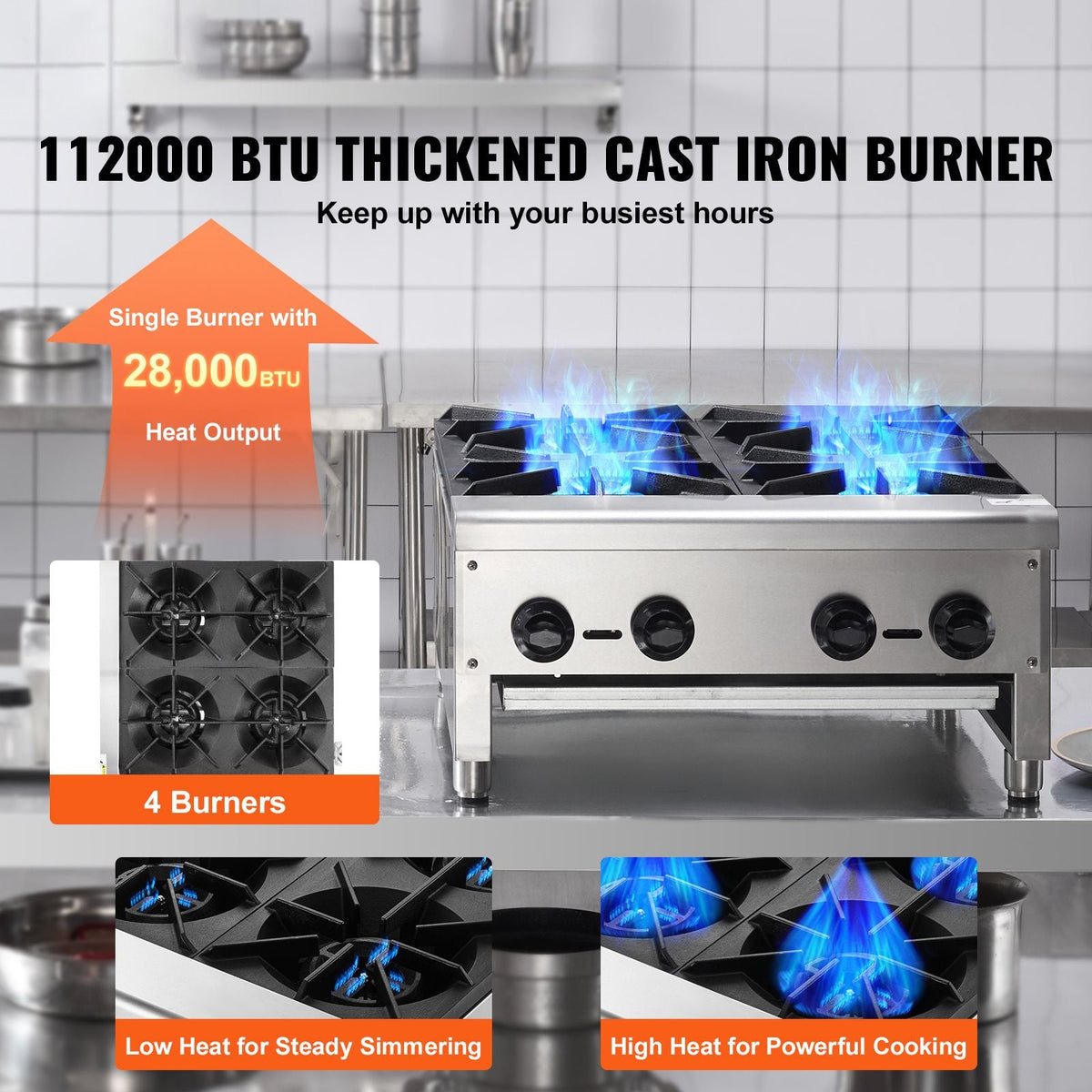 Commercial Gas Stove with 4 Burners, Propane and Natural Gas Countertop Cooking Stove Range, Stainless Steel Gas Hot Plate, Commercial Cooking Equipment for Restaurant, 112,000 BTU