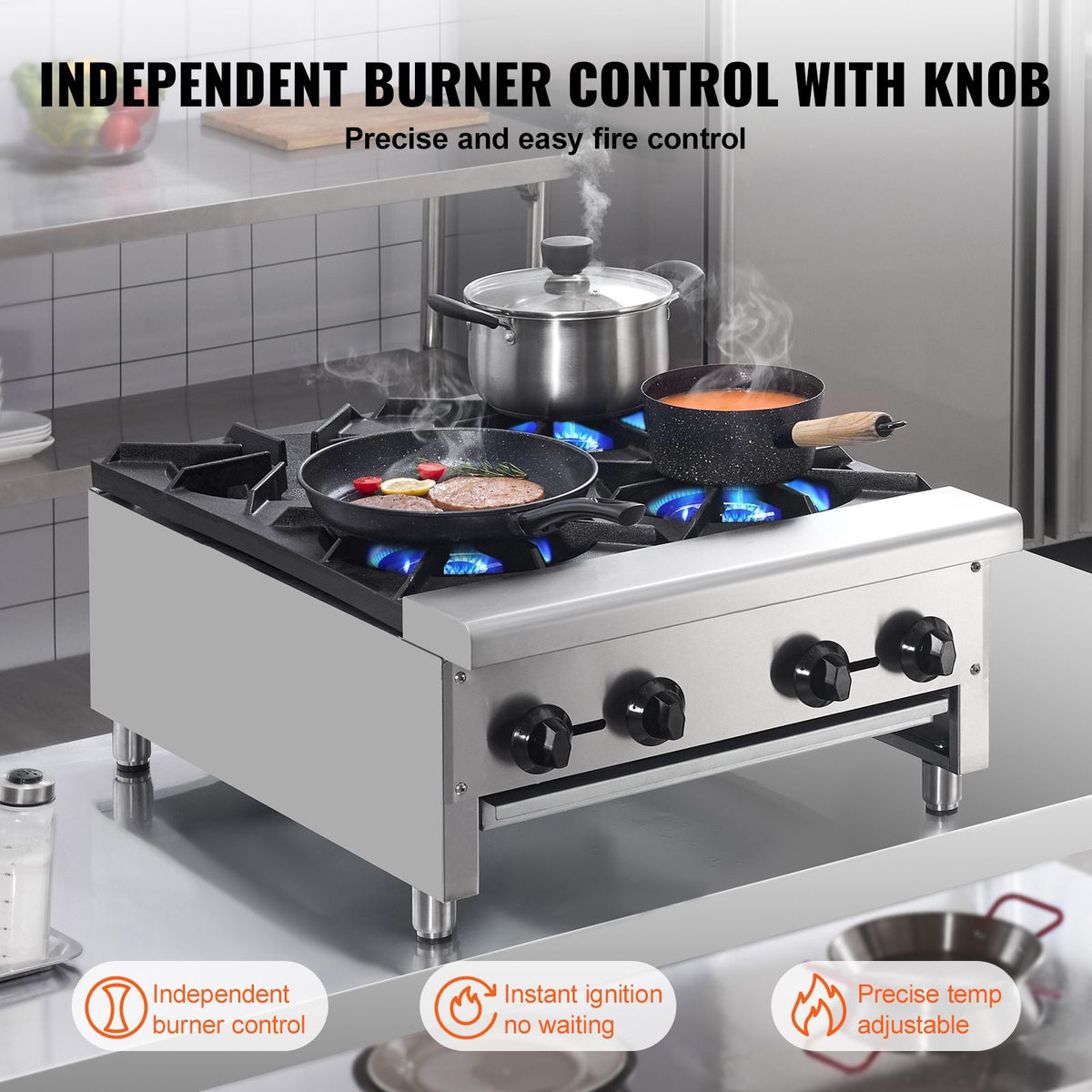 Commercial Gas Stove with 4 Burners, Propane and Natural Gas Countertop Cooking Stove Range, Stainless Steel Gas Hot Plate, Commercial Cooking Equipment for Restaurant, 112,000 BTU
