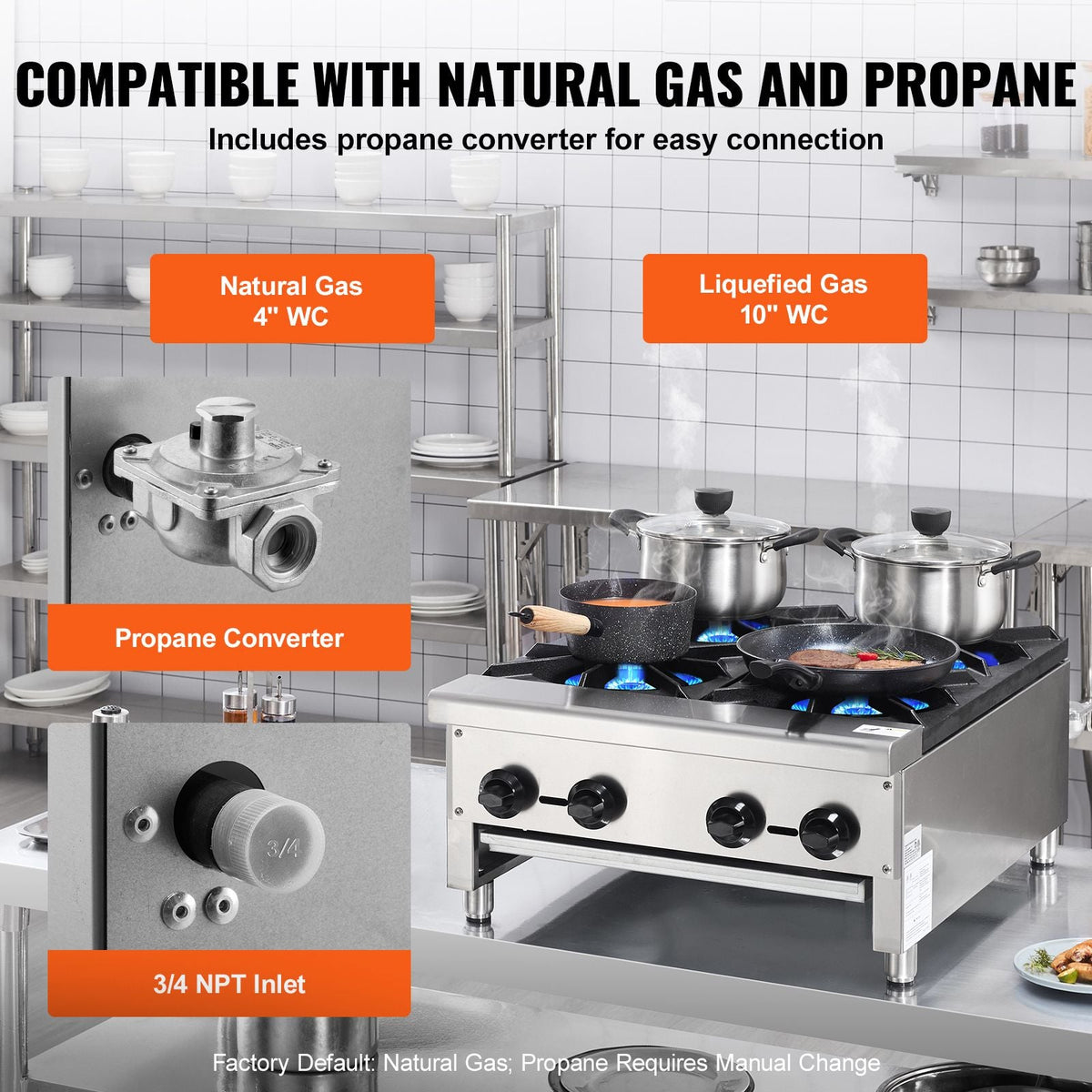 Commercial Gas Stove with 4 Burners, Propane and Natural Gas Countertop Cooking Stove Range, Stainless Steel Gas Hot Plate, Commercial Cooking Equipment for Restaurant, 112,000 BTU