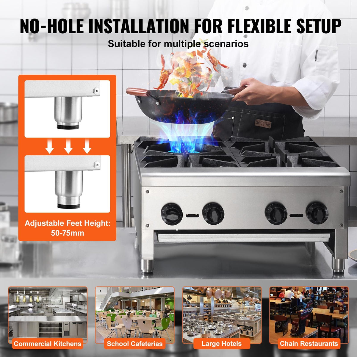 Commercial Gas Stove with 4 Burners, Propane and Natural Gas Countertop Cooking Stove Range, Stainless Steel Gas Hot Plate, Commercial Cooking Equipment for Restaurant, 112,000 BTU