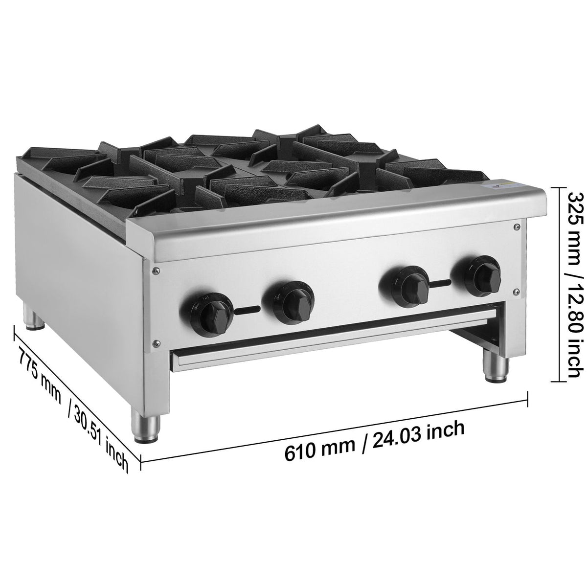Commercial Gas Stove with 4 Burners, Propane and Natural Gas Countertop Cooking Stove Range, Stainless Steel Gas Hot Plate, Commercial Cooking Equipment for Restaurant, 112,000 BTU