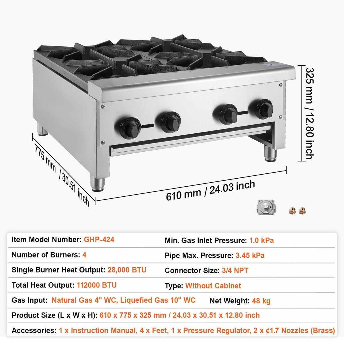 Commercial Gas Stove with 4 Burners, Propane and Natural Gas Countertop Cooking Stove Range, Stainless Steel Gas Hot Plate, Commercial Cooking Equipment for Restaurant, 112,000 BTU