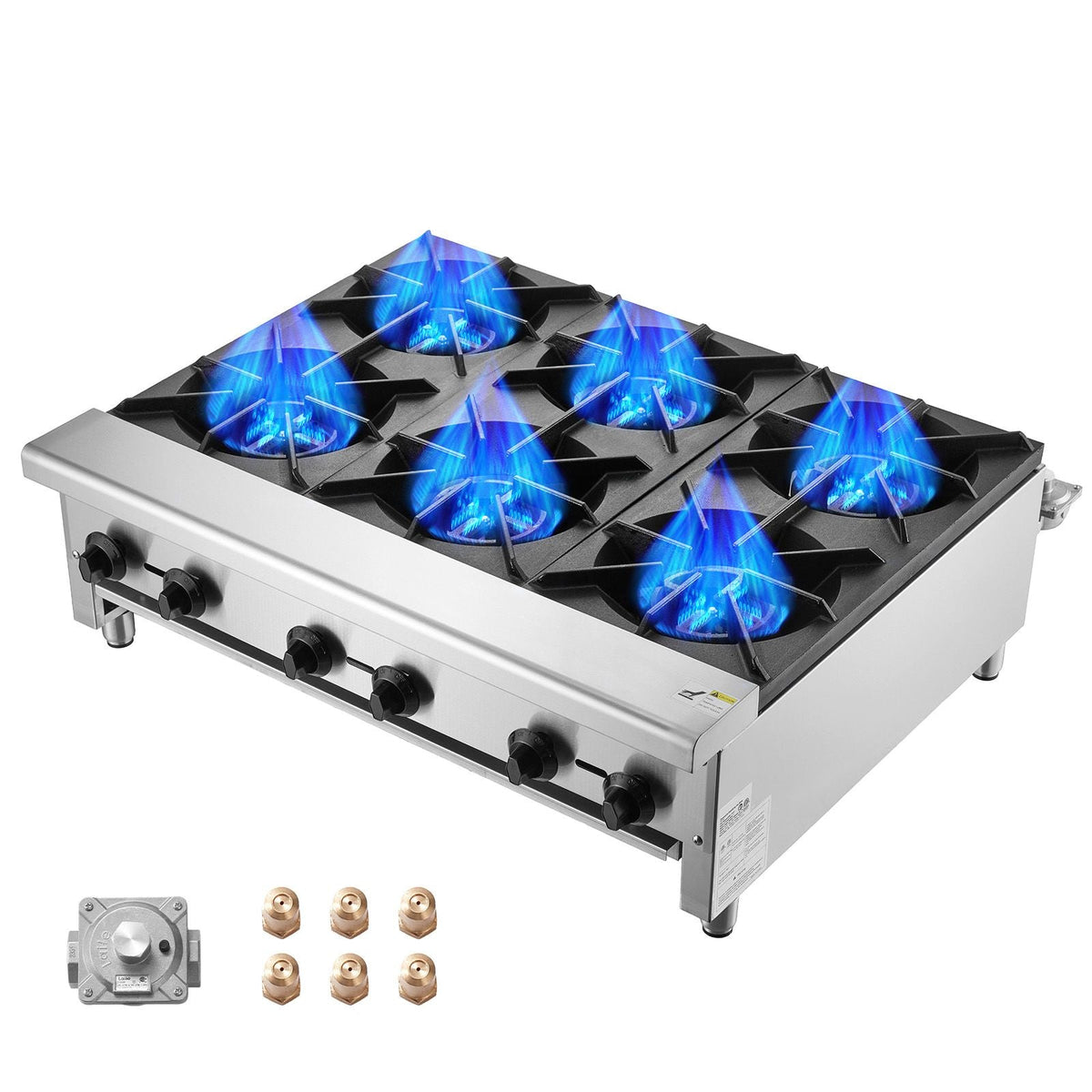 Commercial Gas Stove with 6 Burners, Propane and Natural Gas Countertop Cooking Stove Range, Stainless Steel Gas Hot Plate, Commercial Cooking Equipment for Restaurant, 168,000 BTU