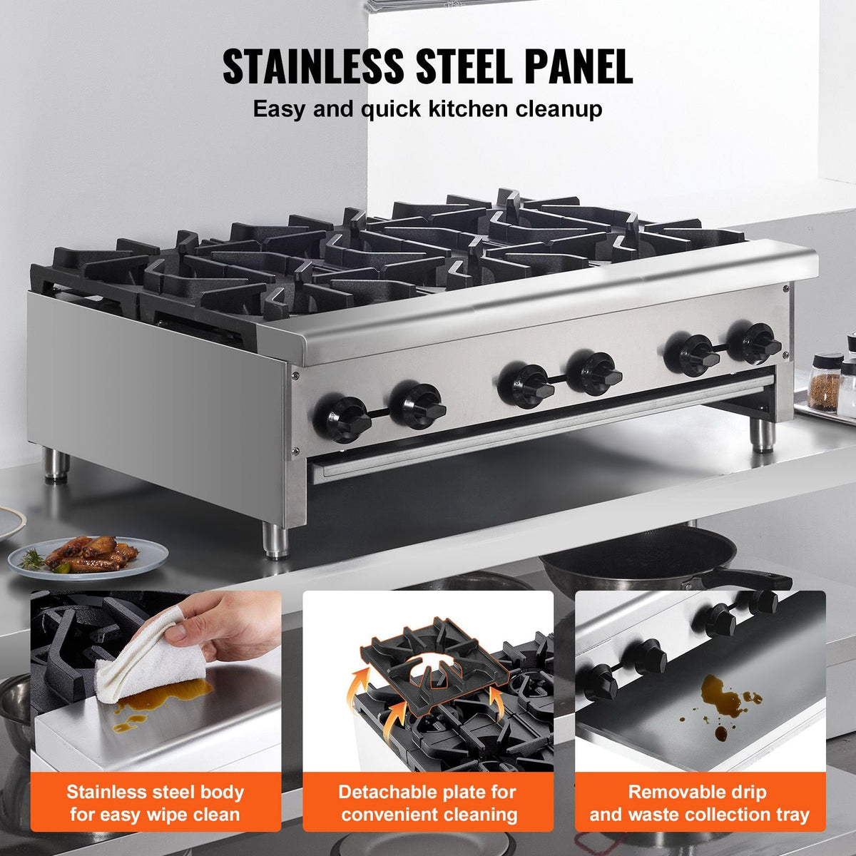 Commercial Gas Stove with 6 Burners, Propane and Natural Gas Countertop Cooking Stove Range, Stainless Steel Gas Hot Plate, Commercial Cooking Equipment for Restaurant, 168,000 BTU