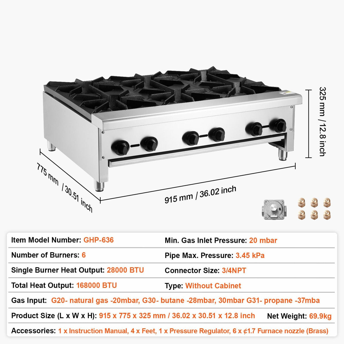Commercial Gas Stove with 6 Burners, Propane and Natural Gas Countertop Cooking Stove Range, Stainless Steel Gas Hot Plate, Commercial Cooking Equipment for Restaurant, 168,000 BTU