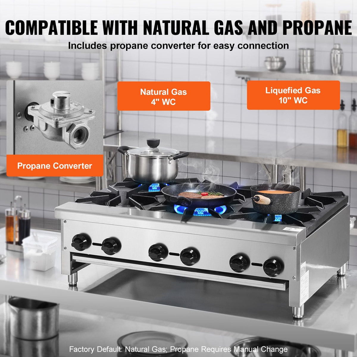 Commercial Gas Stove with 6 Burners, Propane and Natural Gas Countertop Cooking Stove Range, Stainless Steel Gas Hot Plate, Commercial Cooking Equipment for Restaurant, 168,000 BTU