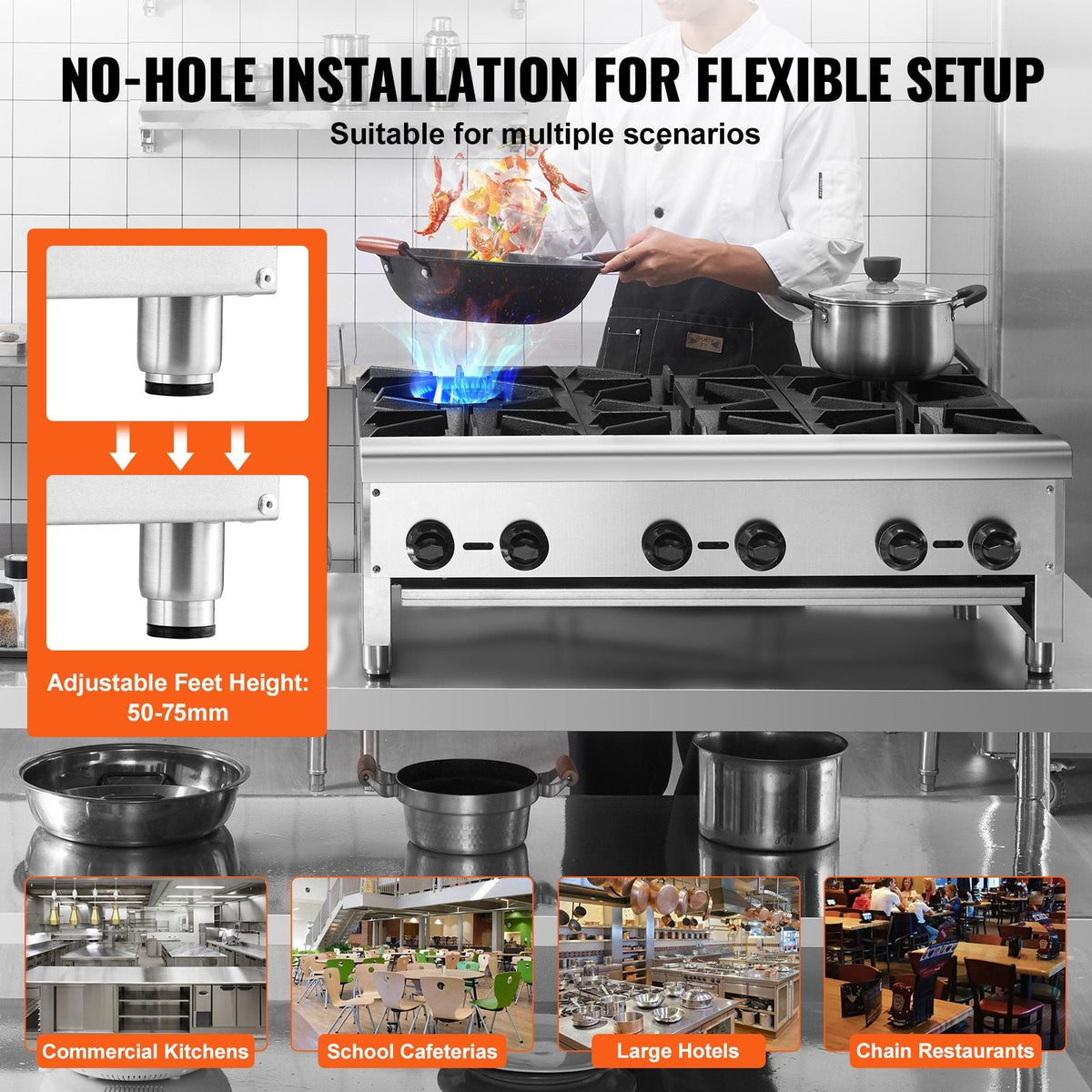 Commercial Gas Stove with 6 Burners, Propane and Natural Gas Countertop Cooking Stove Range, Stainless Steel Gas Hot Plate, Commercial Cooking Equipment for Restaurant, 168,000 BTU
