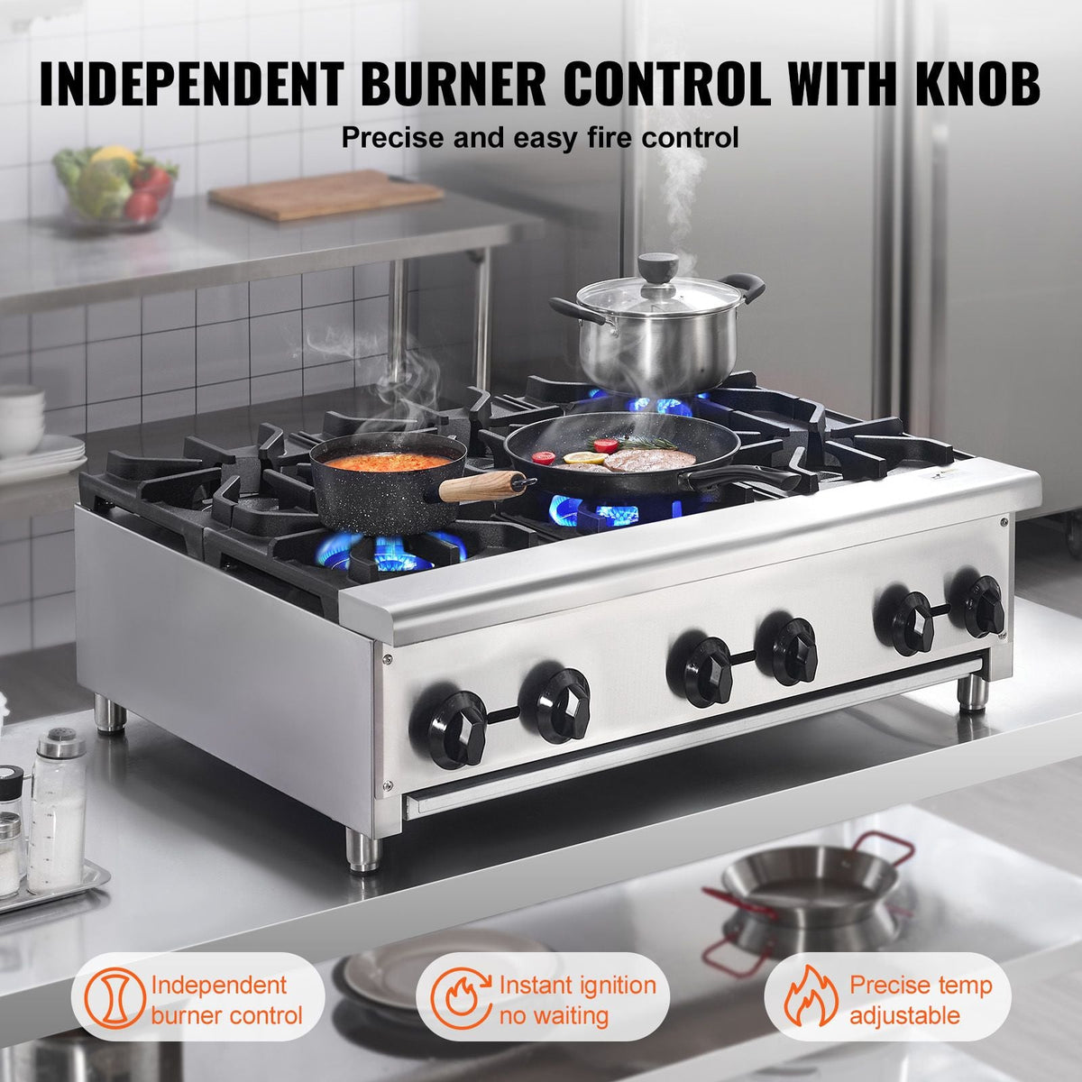 Commercial Gas Stove with 6 Burners, Propane and Natural Gas Countertop Cooking Stove Range, Stainless Steel Gas Hot Plate, Commercial Cooking Equipment for Restaurant, 168,000 BTU