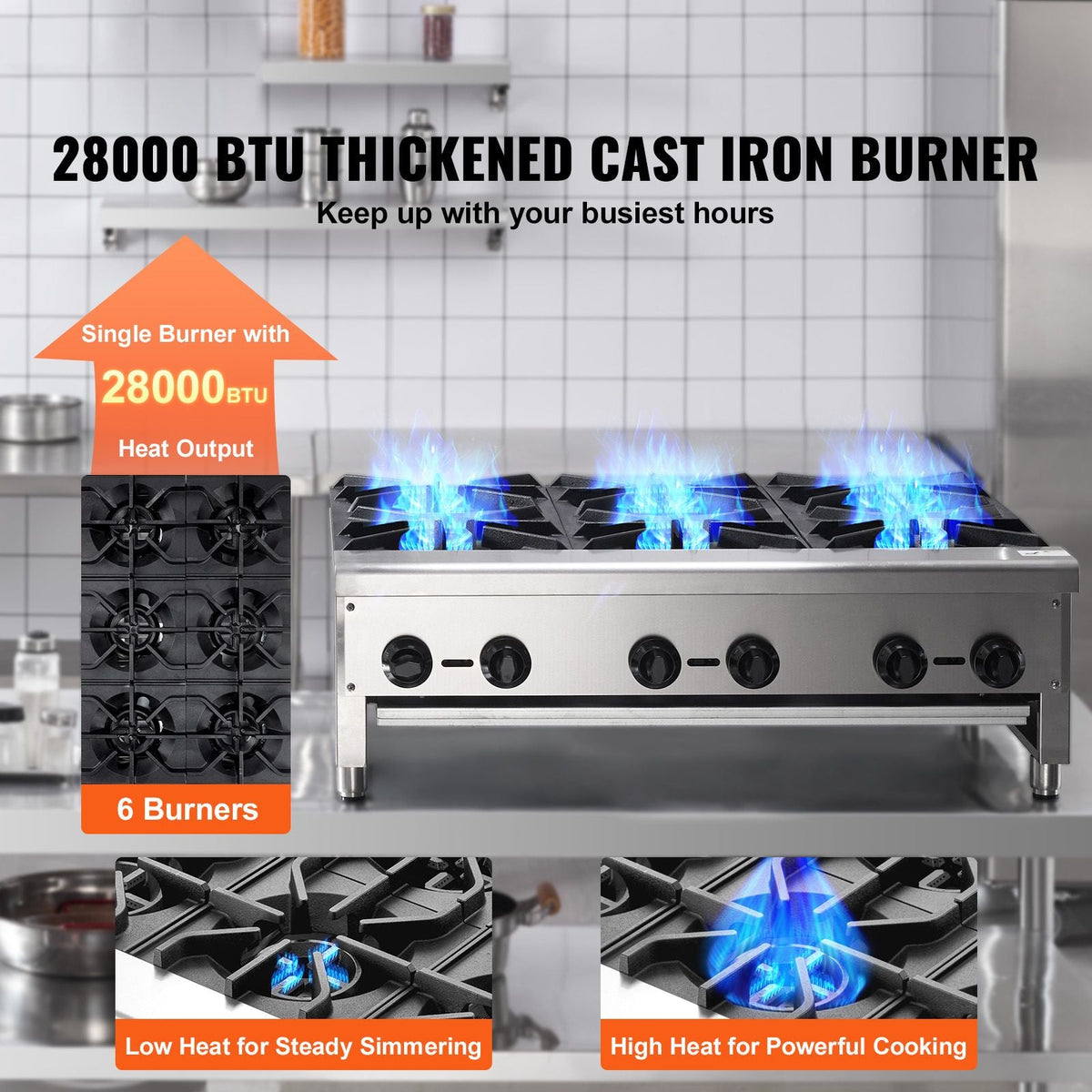 Commercial Gas Stove with 6 Burners, Propane and Natural Gas Countertop Cooking Stove Range, Stainless Steel Gas Hot Plate, Commercial Cooking Equipment for Restaurant, 168,000 BTU