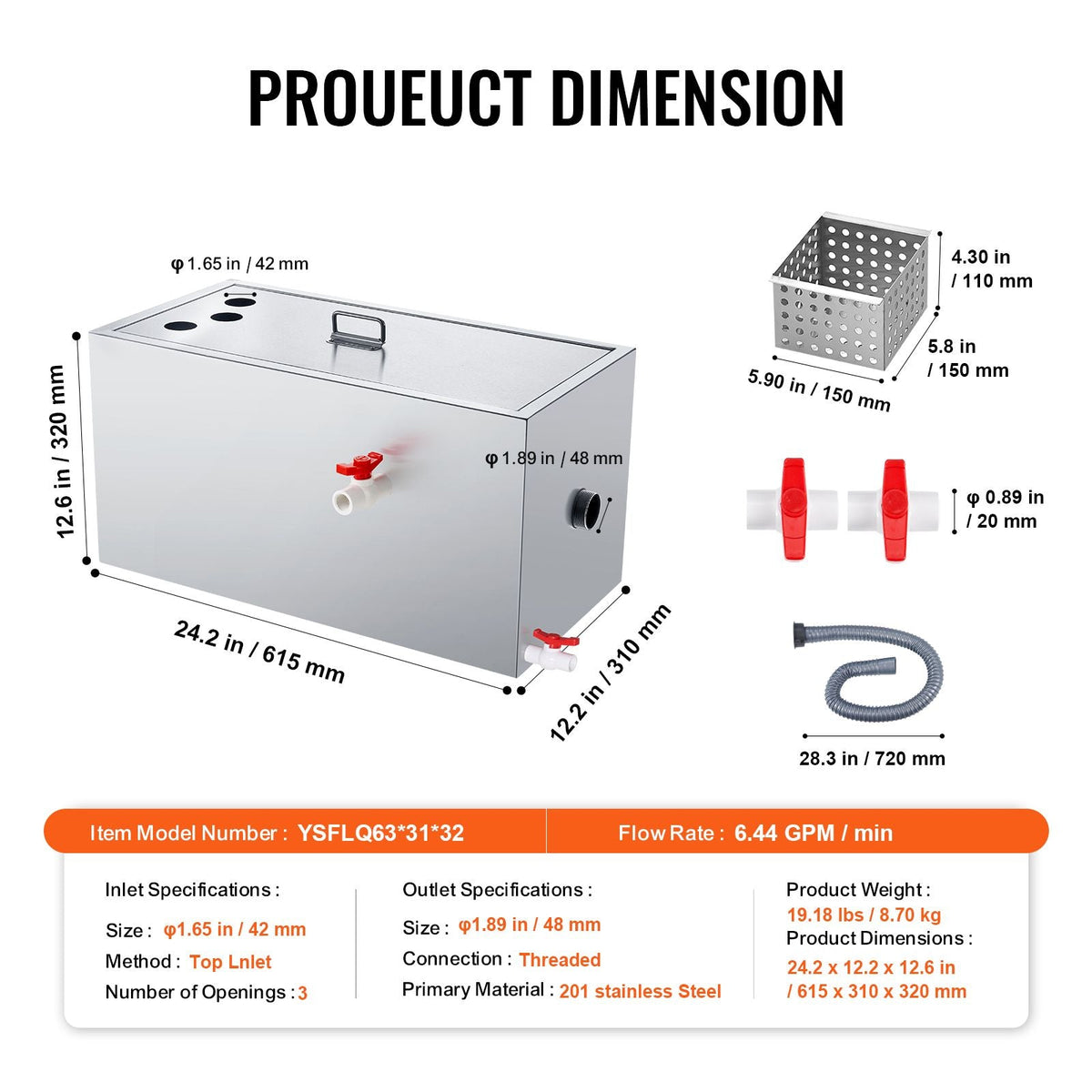 Commercial Grease Trap, 25 LBS Grease Interceptor, Top Inlet Interceptor, Under Sink Stainless Steel Grease Trap, 6.4 GPM Waste Water Oil-water Separator, for Restaurant Canteen Home Kitchen