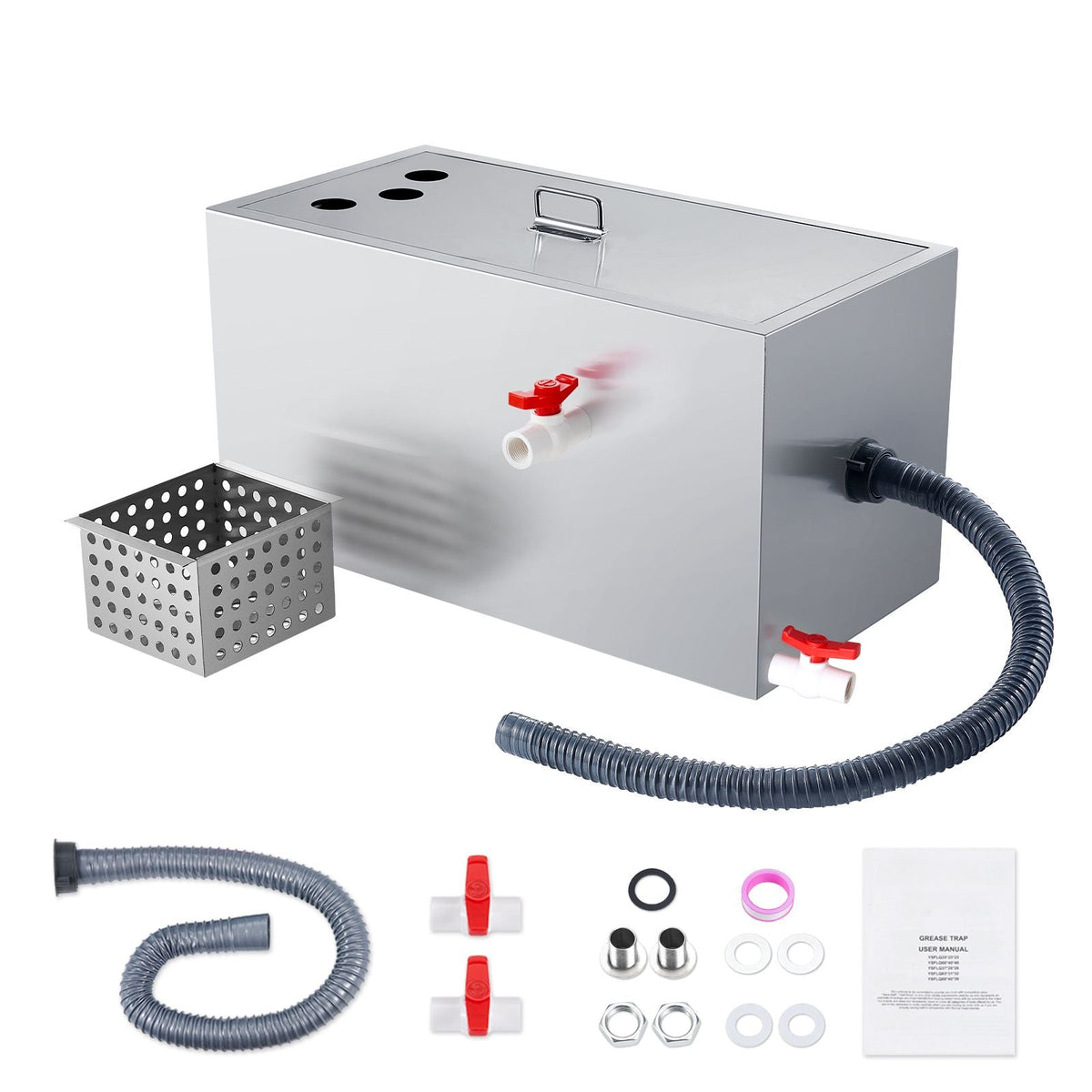 Commercial Grease Trap, 25 LBS Grease Interceptor, Top Inlet Interceptor, Under Sink Stainless Steel Grease Trap, 6.4 GPM Waste Water Oil-water Separator, for Restaurant Canteen Home Kitchen