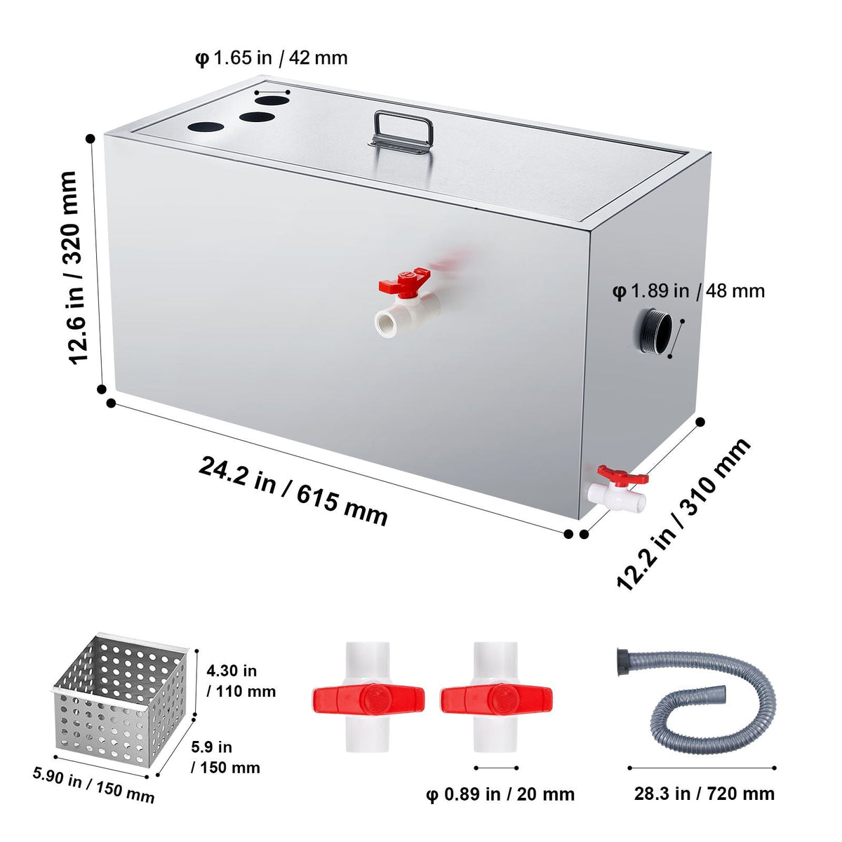 Commercial Grease Trap, 25 LBS Grease Interceptor, Top Inlet Interceptor, Under Sink Stainless Steel Grease Trap, 6.4 GPM Waste Water Oil-water Separator, for Restaurant Canteen Home Kitchen